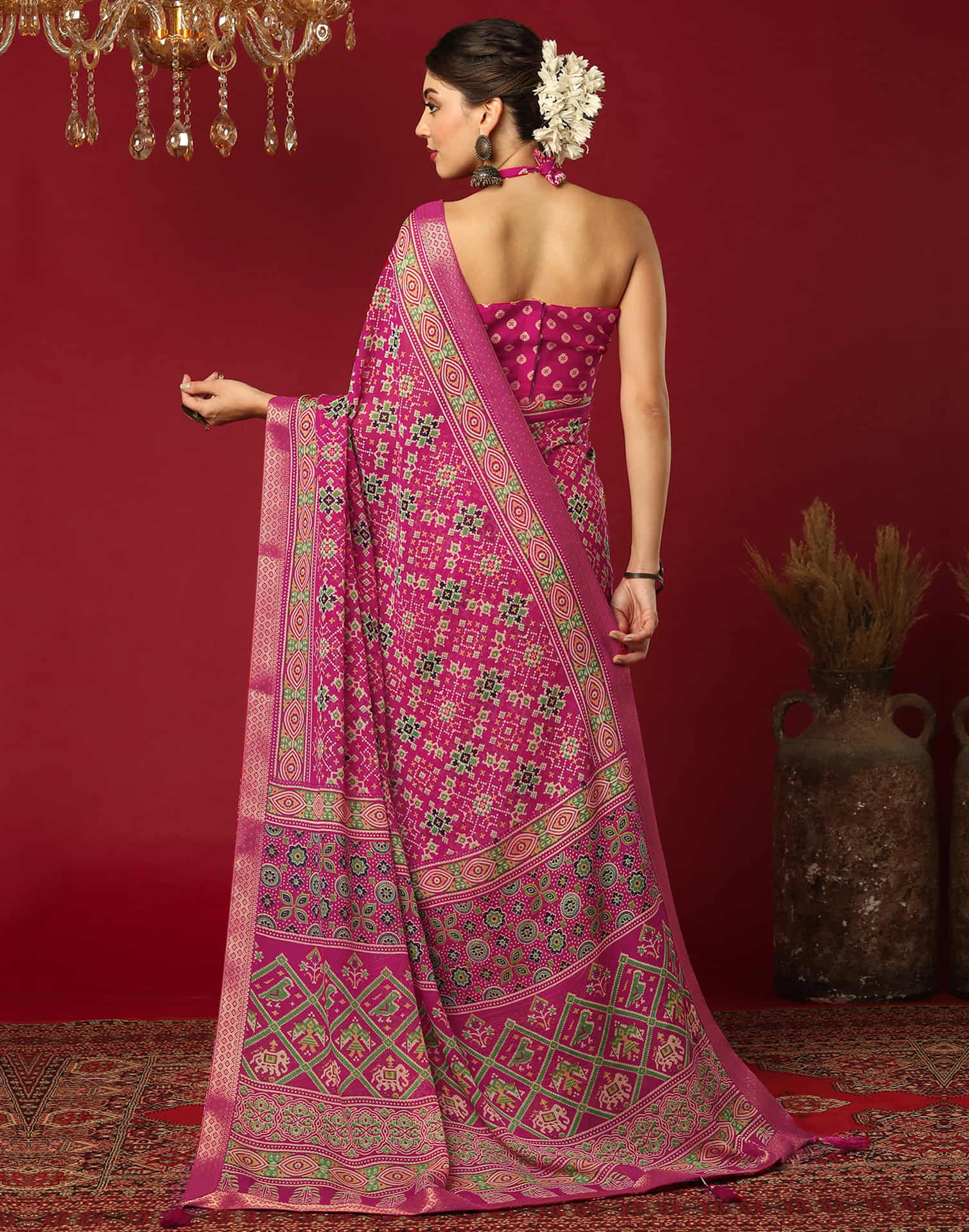 Rani Pink Georgette Printed Patola Saree