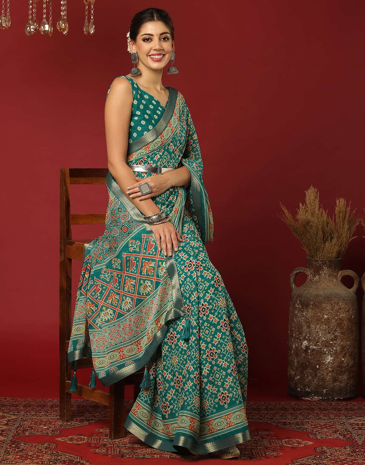 Teal Green Georgette Printed Patola Saree