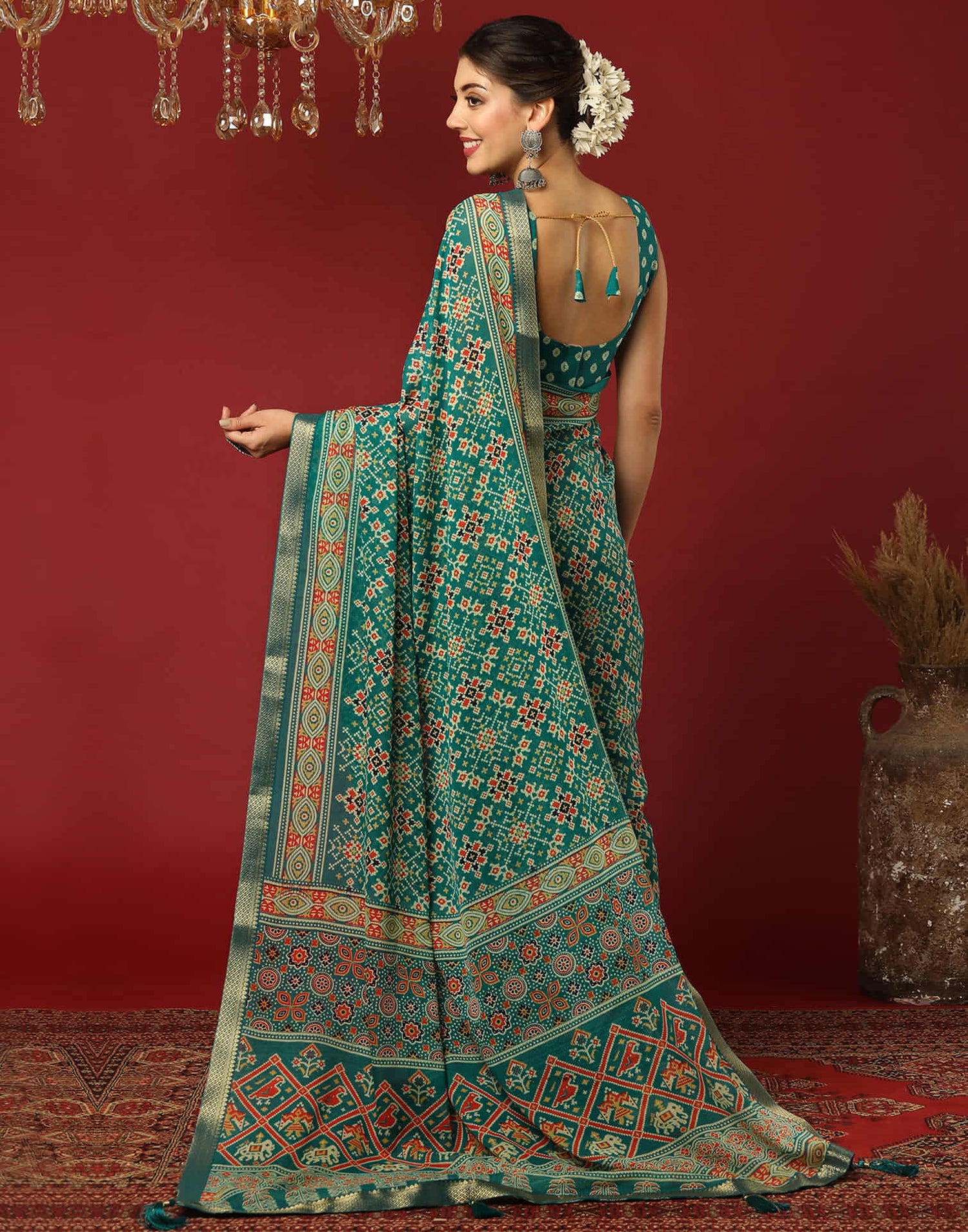 Teal Green Georgette Printed Patola Saree