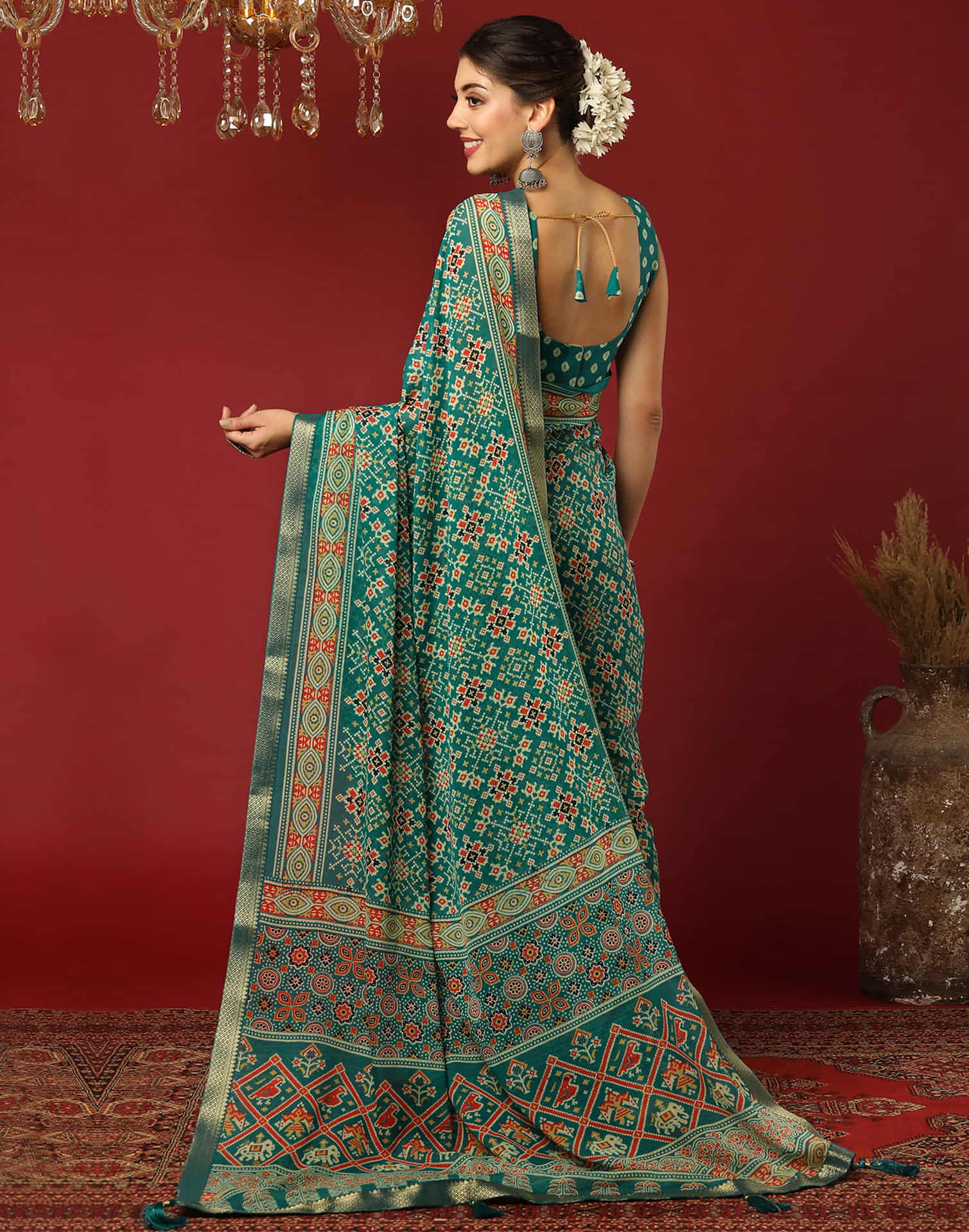 Teal Green Georgette Printed Patola Saree