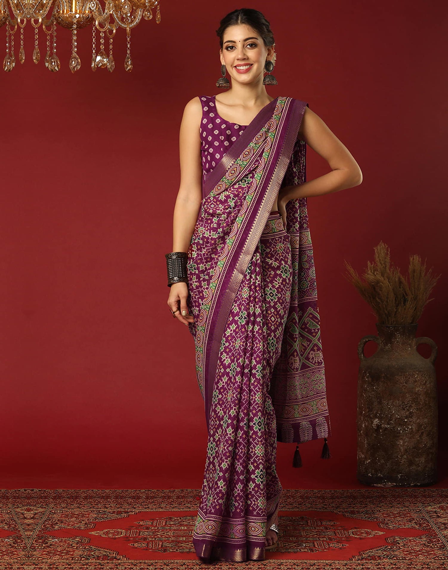 Wine Georgette Printed Patola Saree