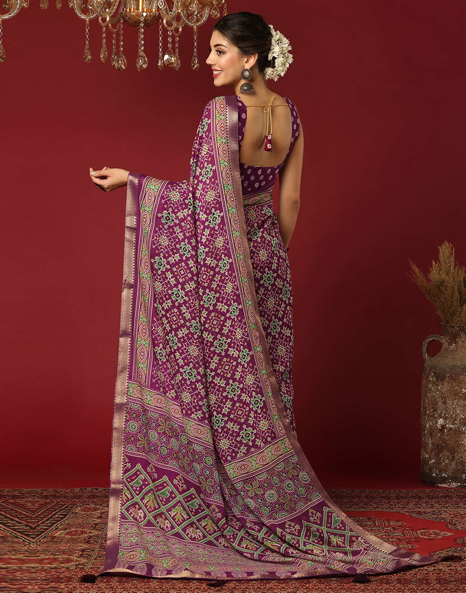 Wine Georgette Printed Patola Saree