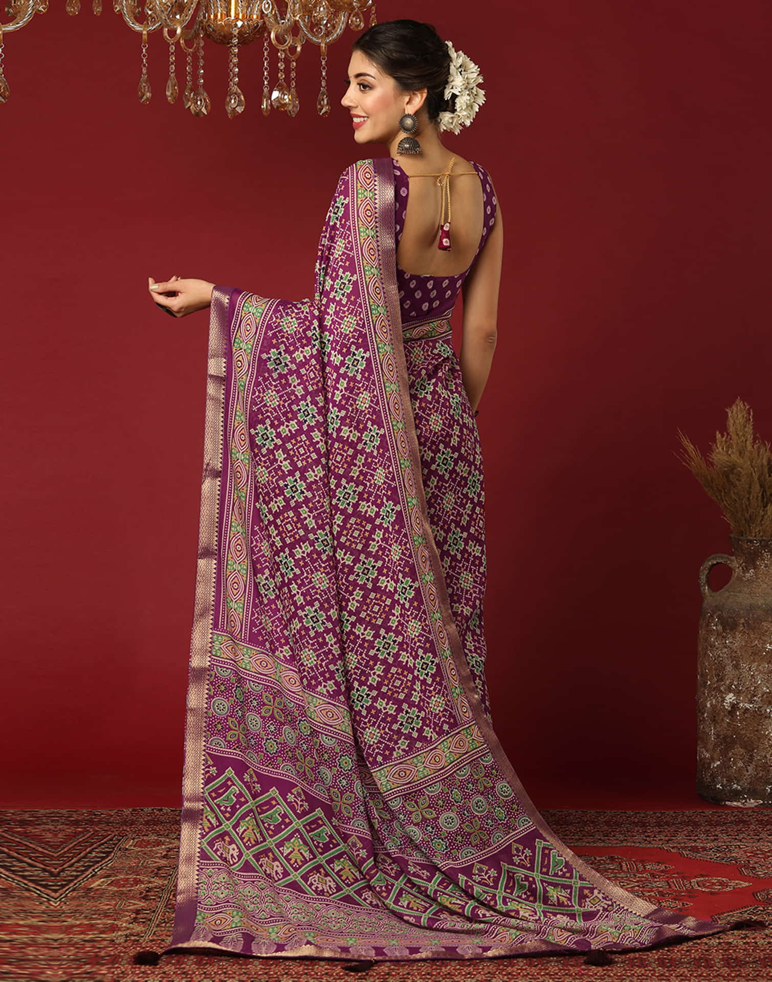 Wine Georgette Printed Patola Saree
