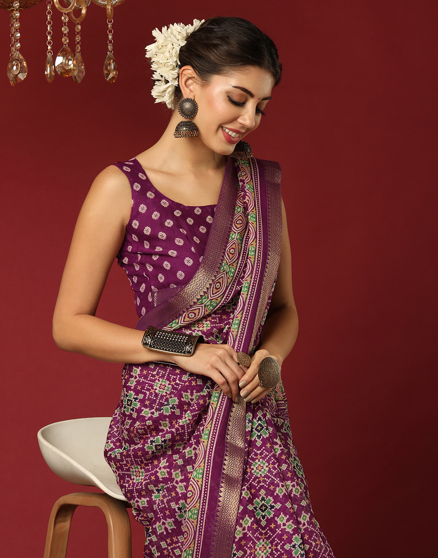 Wine Georgette Printed Patola Saree