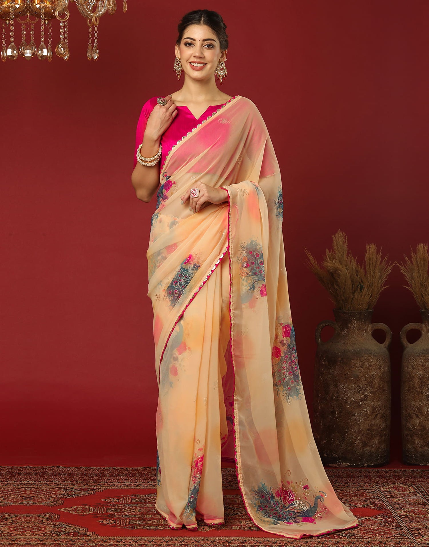 Dark Cream Georgette Printed Saree