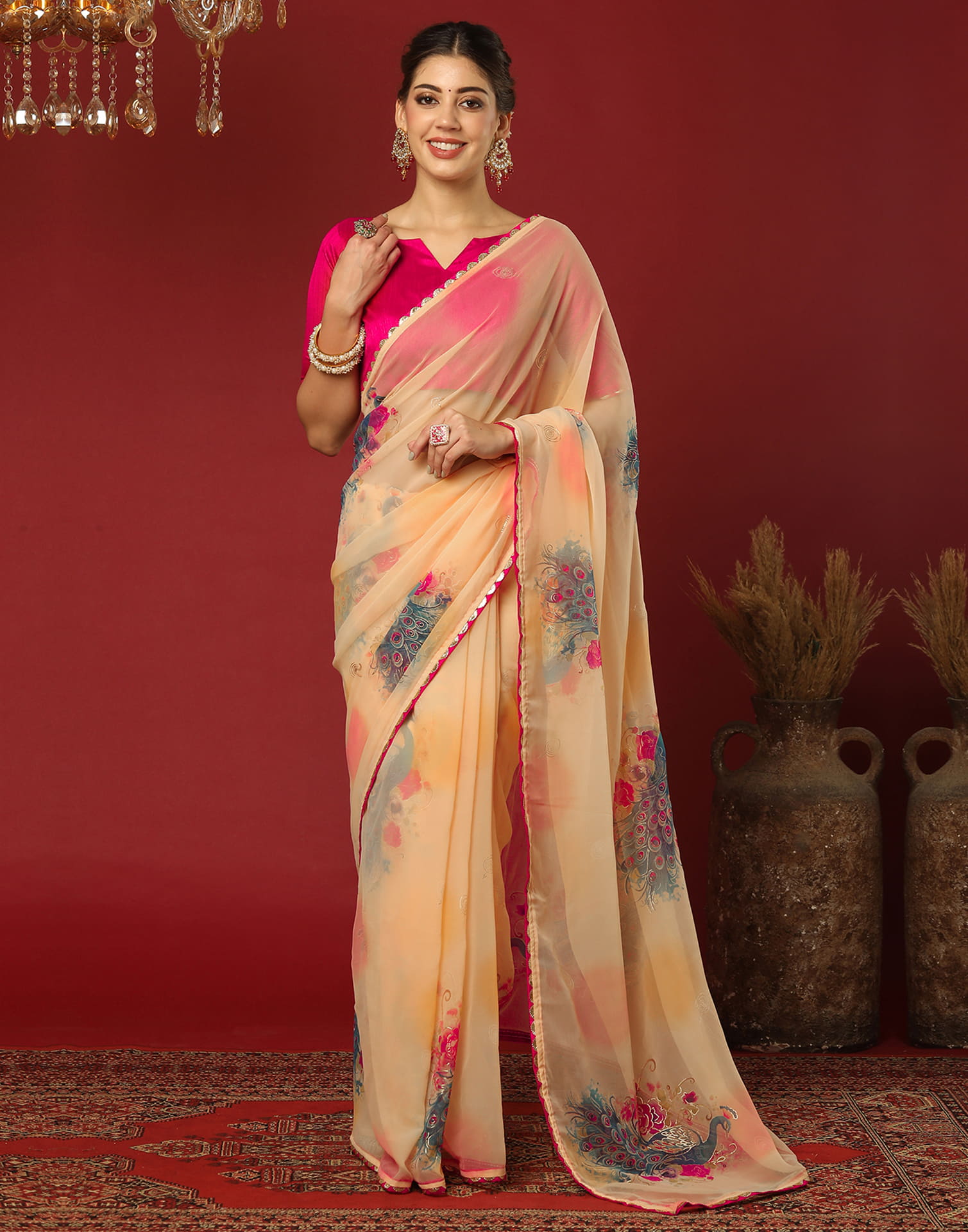 Dark Cream Georgette Printed Saree