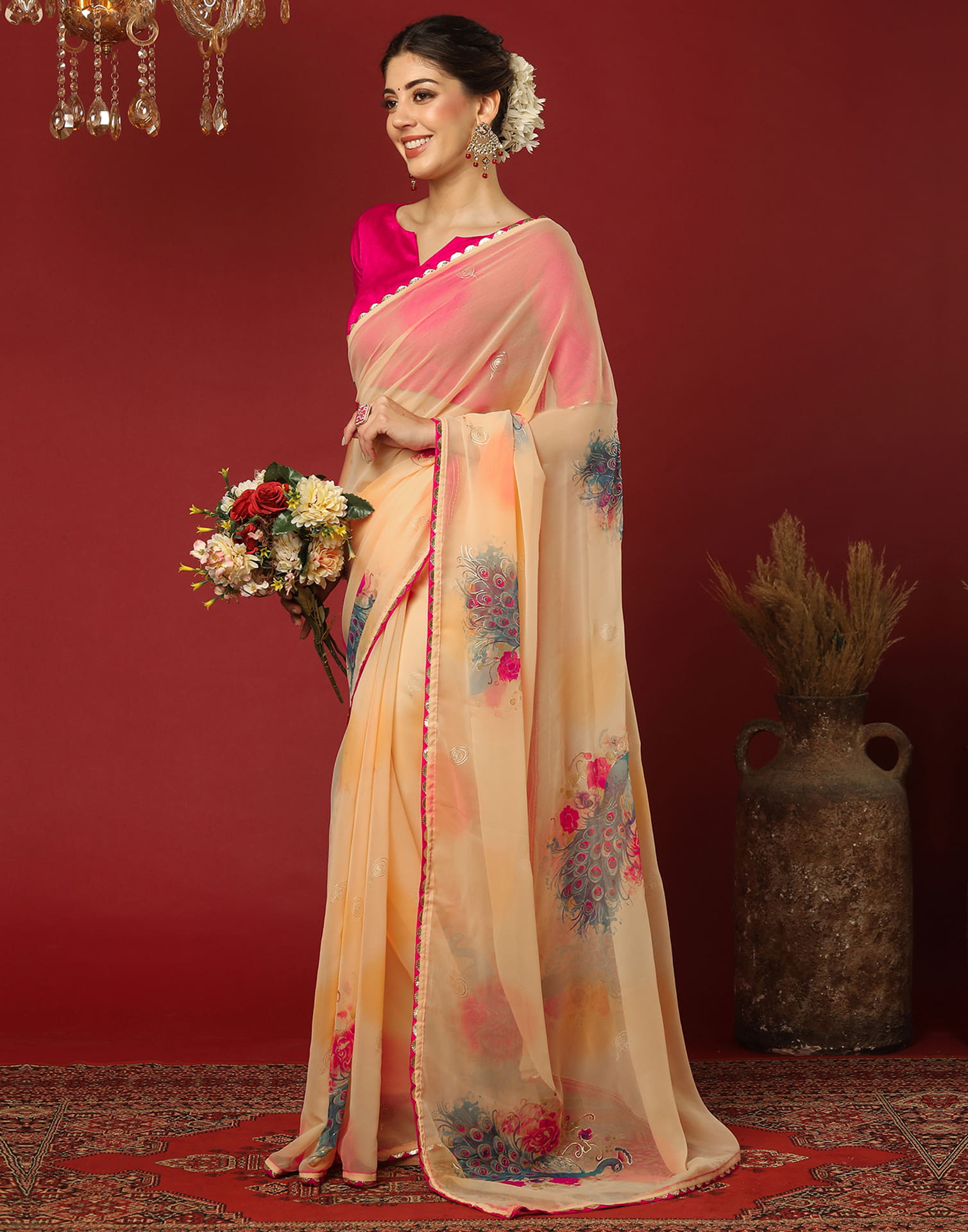 Dark Cream Georgette Printed Saree