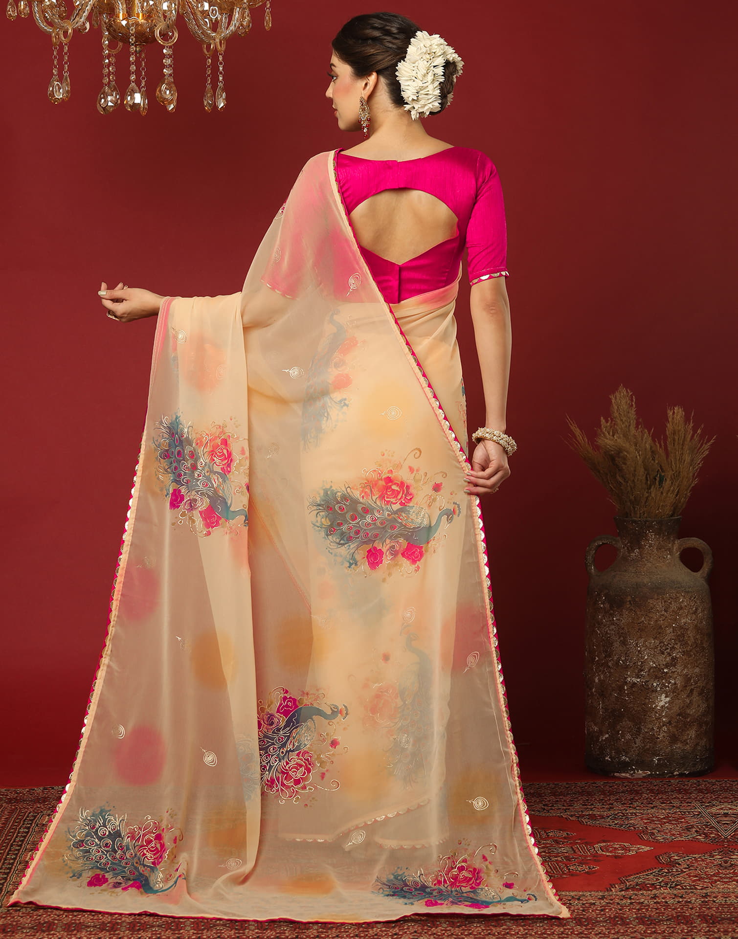 Dark Cream Georgette Printed Saree