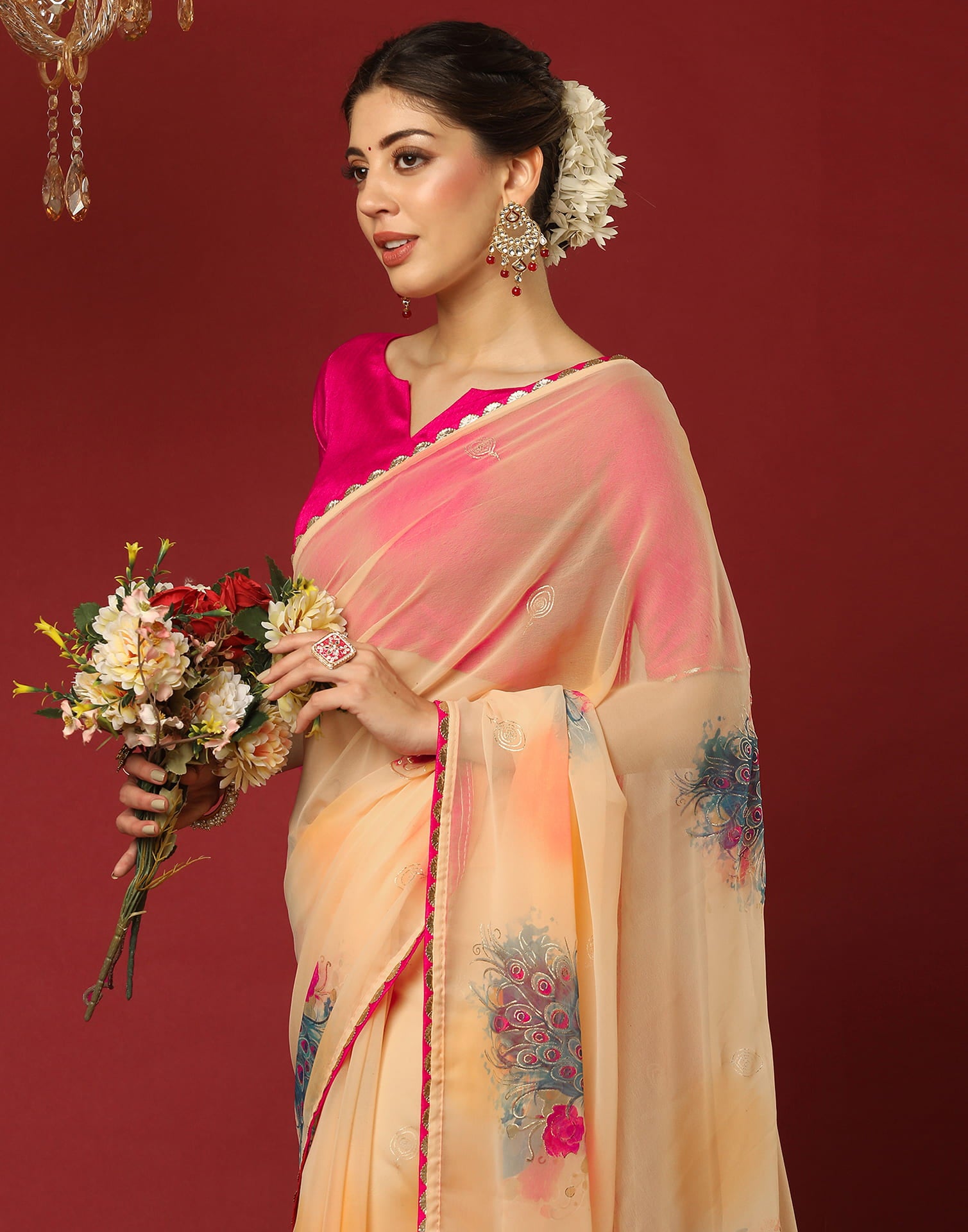 Dark Cream Georgette Printed Saree