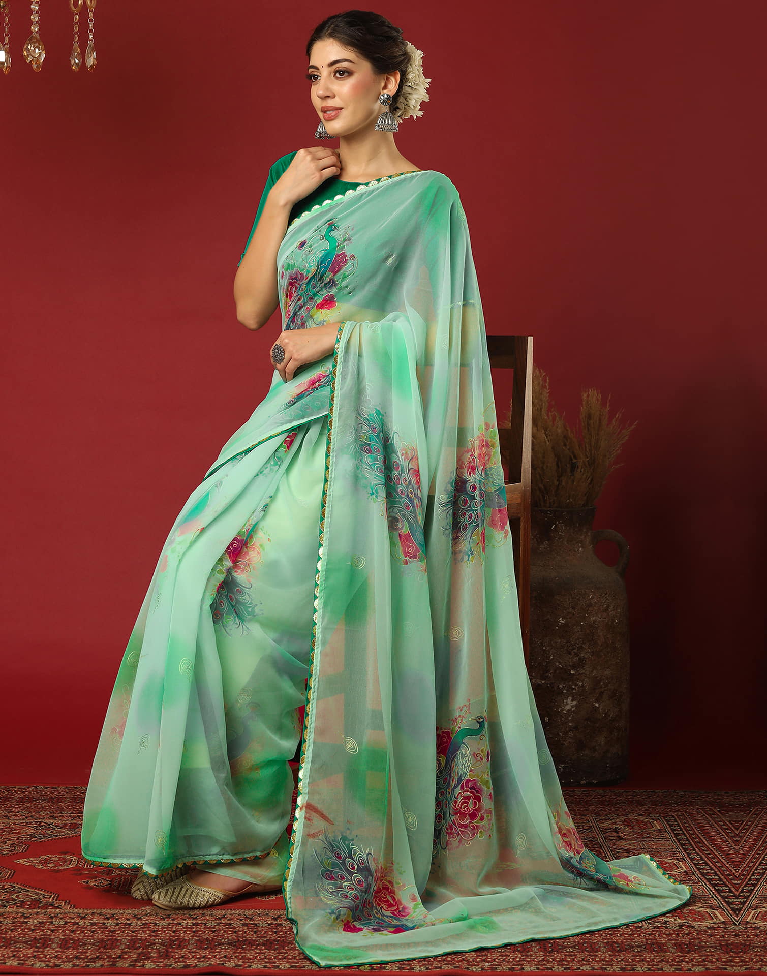 Light Sea Green Georgette Printed Saree