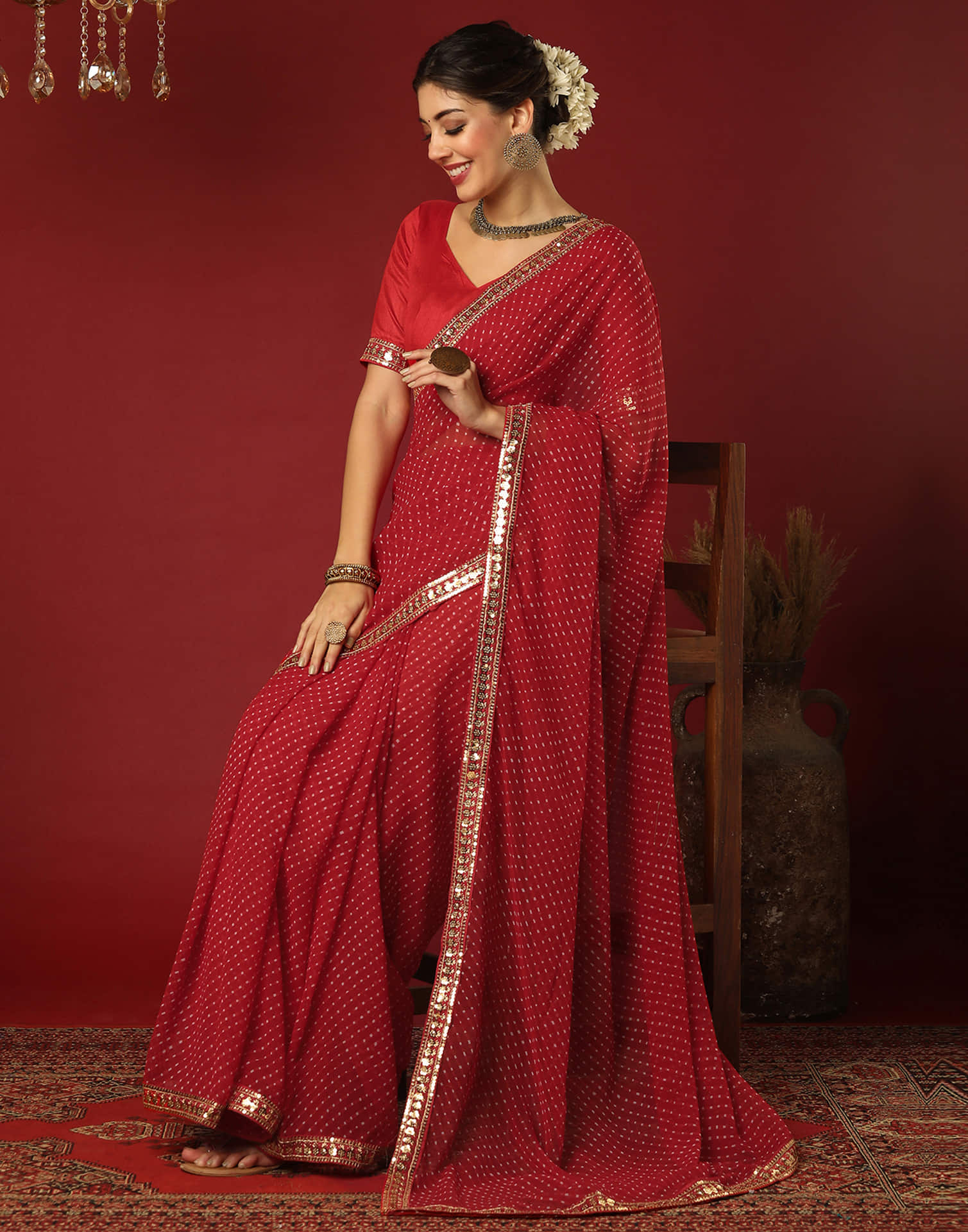 Red Georgette Printed Leheriya Saree