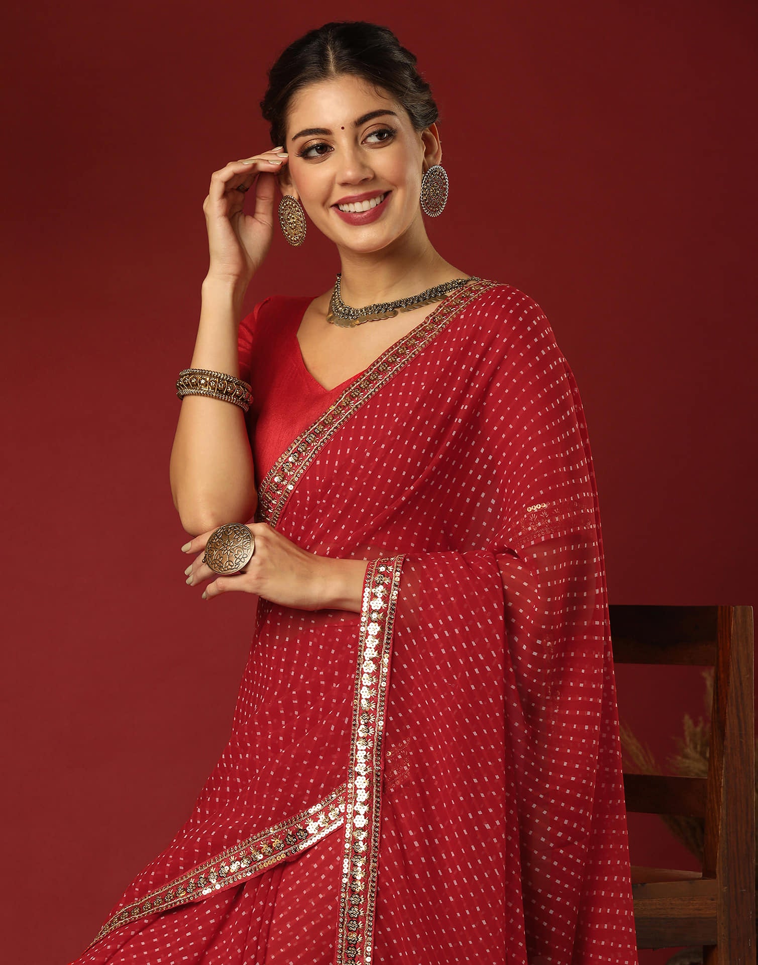 Red Georgette Printed Leheriya Saree