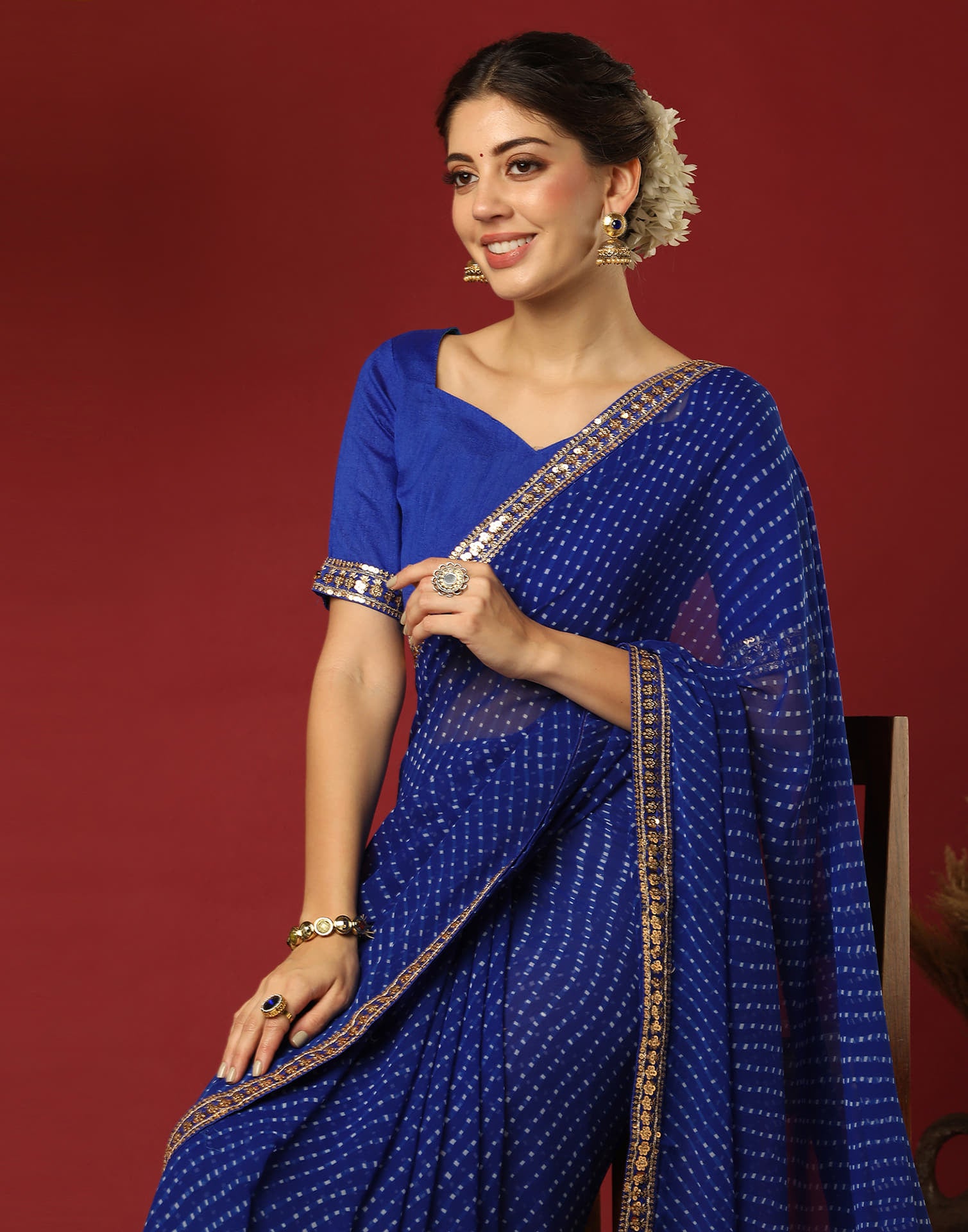 Dark Blue Georgette Printed Leheriya Saree