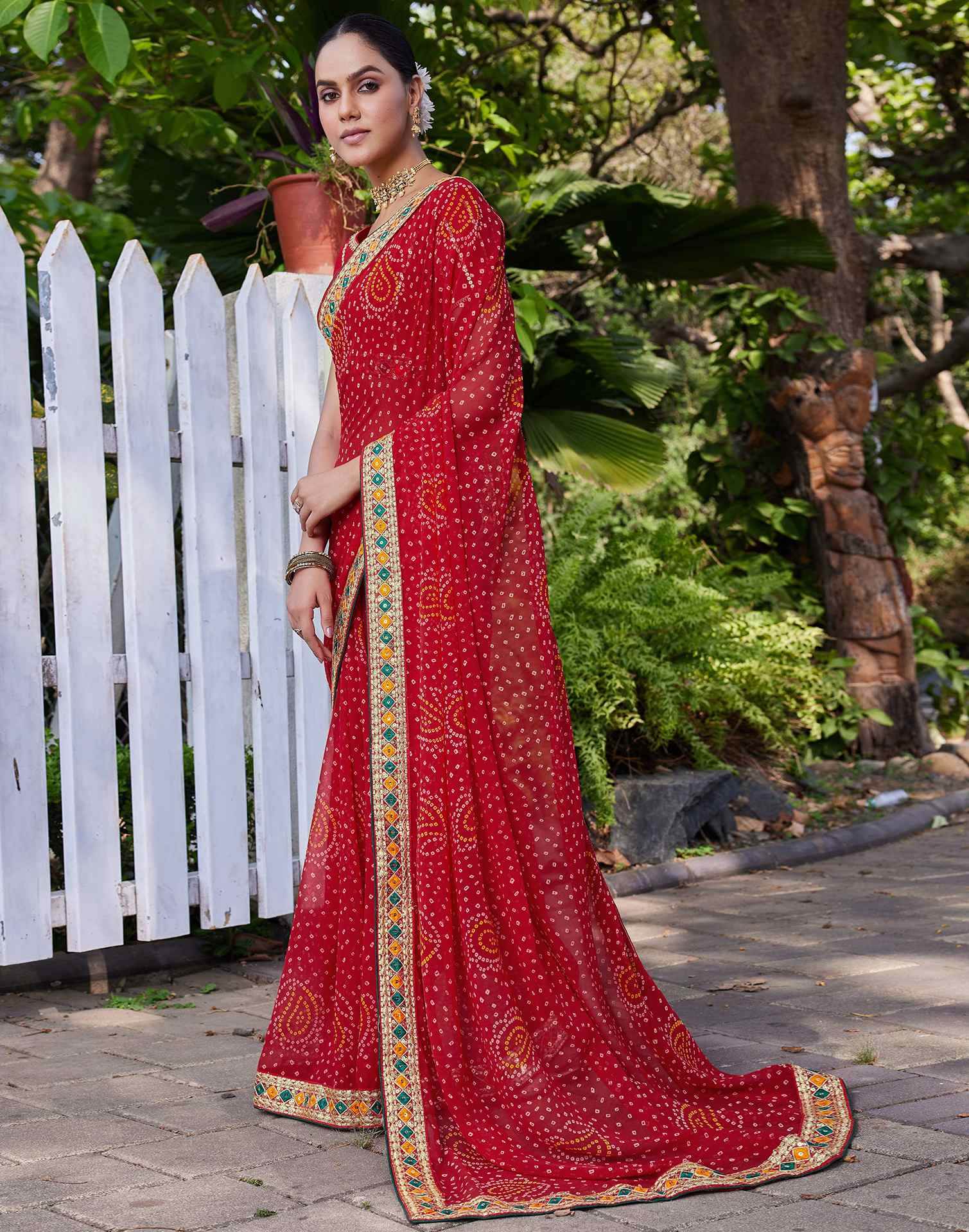 Red Georgette Bandhani Printed Saree