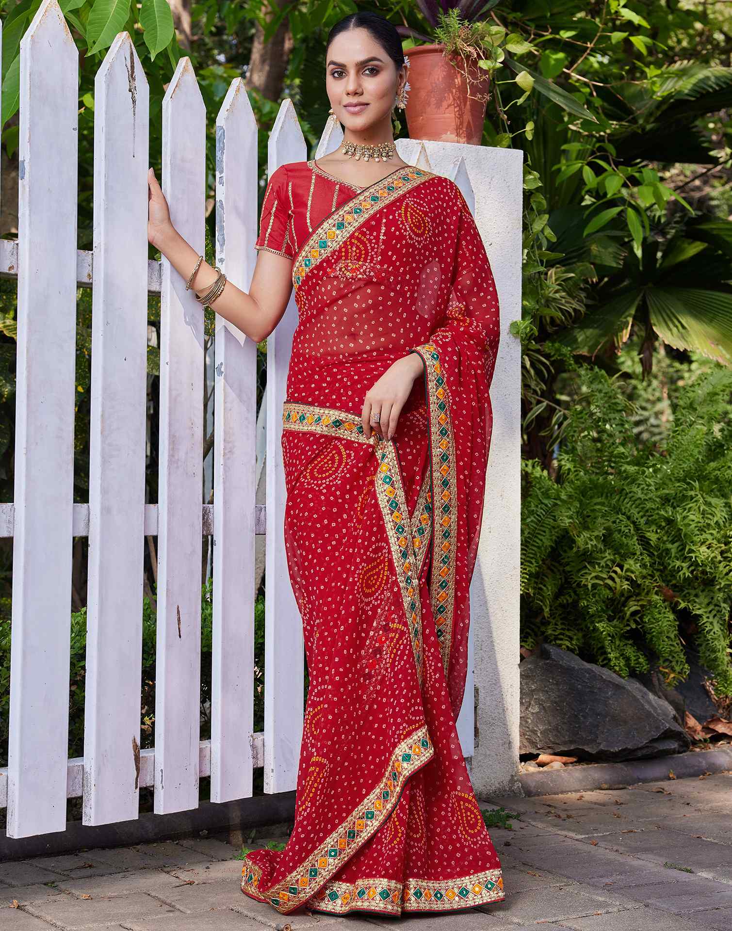 Red Georgette Bandhani Printed Saree