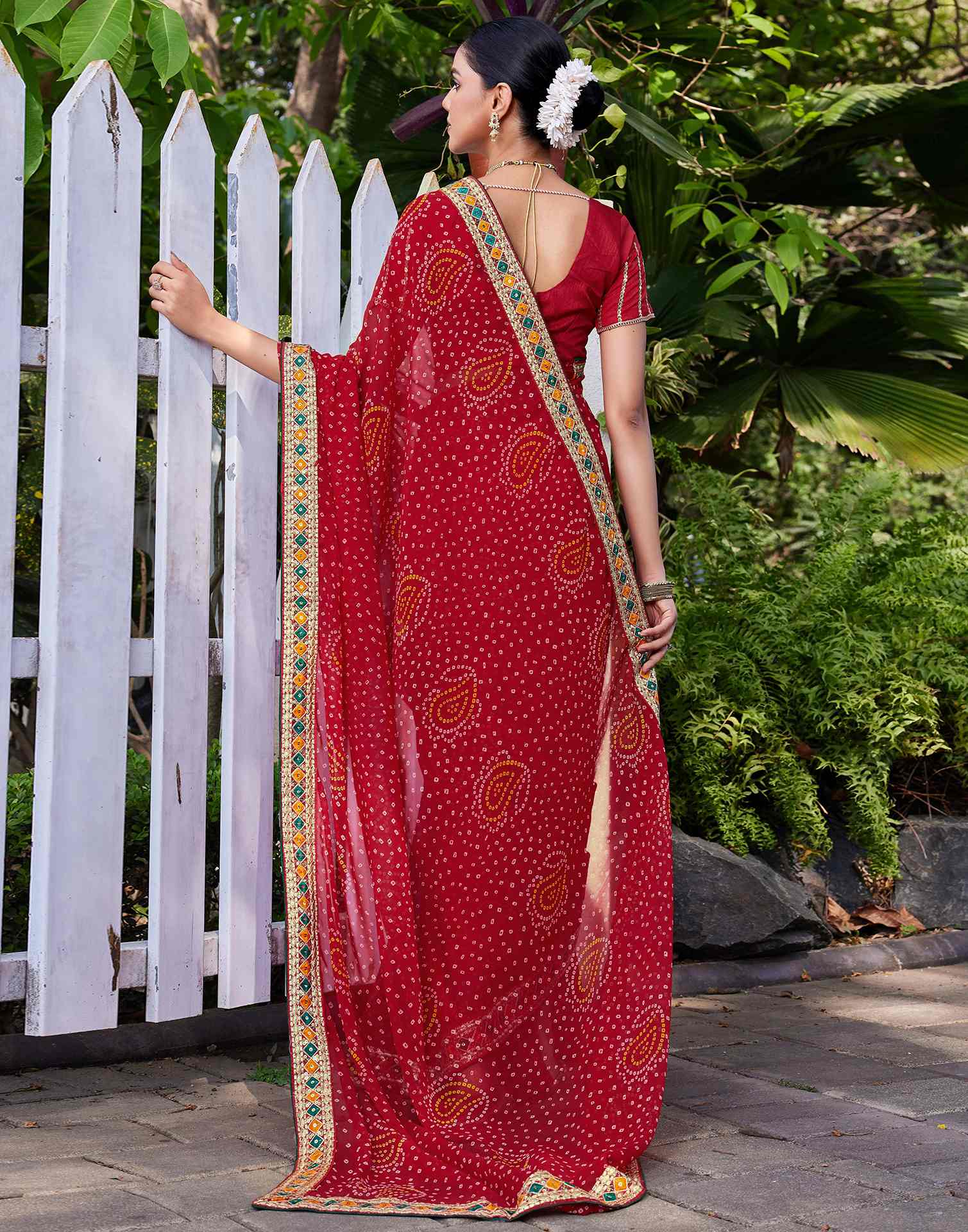 Red Georgette Bandhani Printed Saree