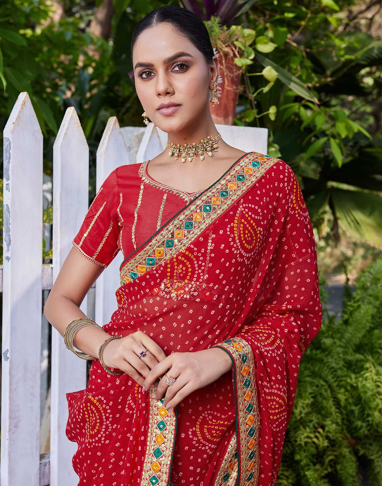 Red Georgette Bandhani Printed Saree