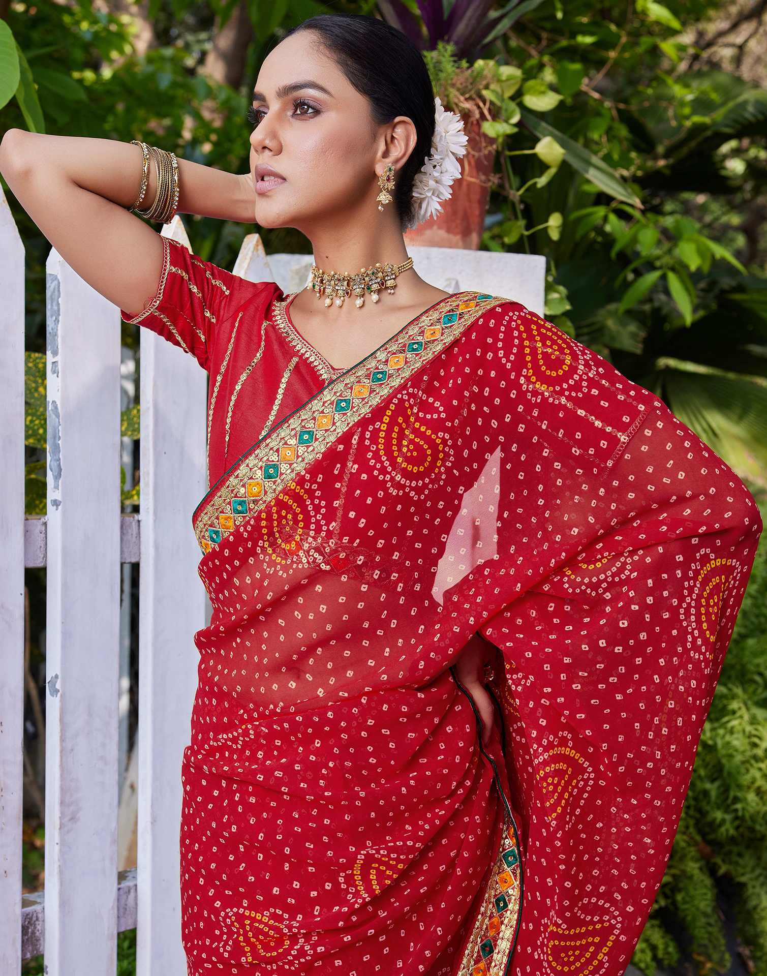 Red Georgette Bandhani Printed Saree