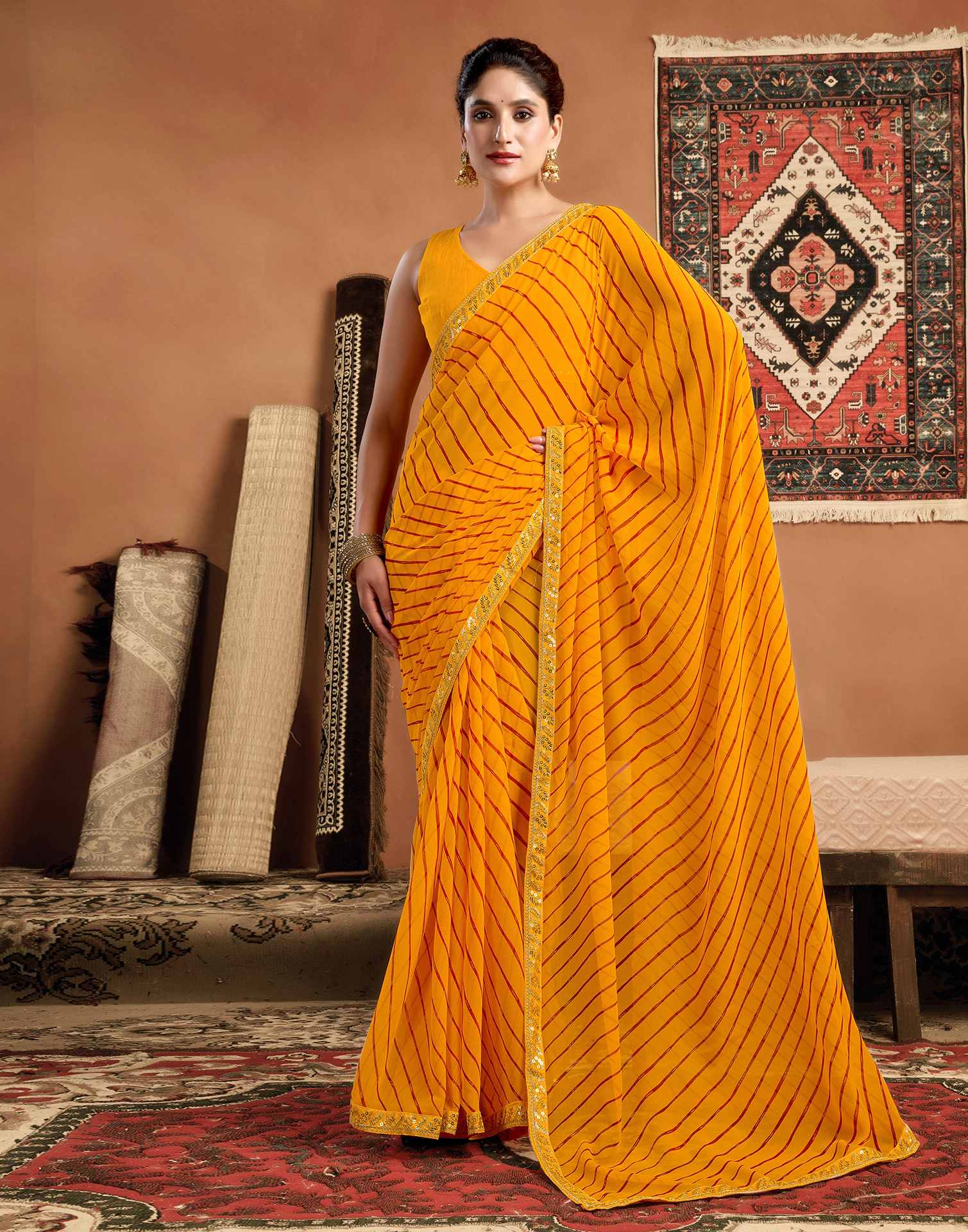 Yellow Georgette Leheriya Printed Saree