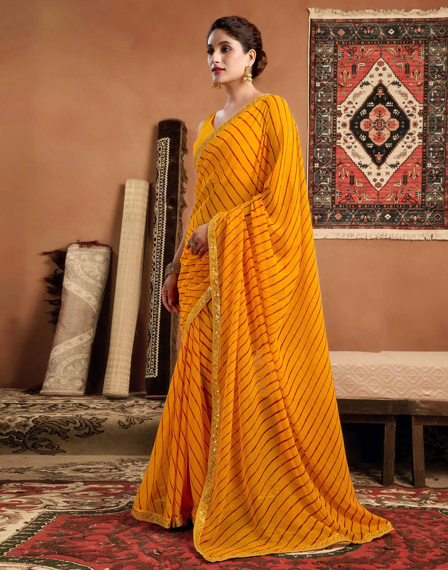 Yellow Georgette Leheriya Printed Saree