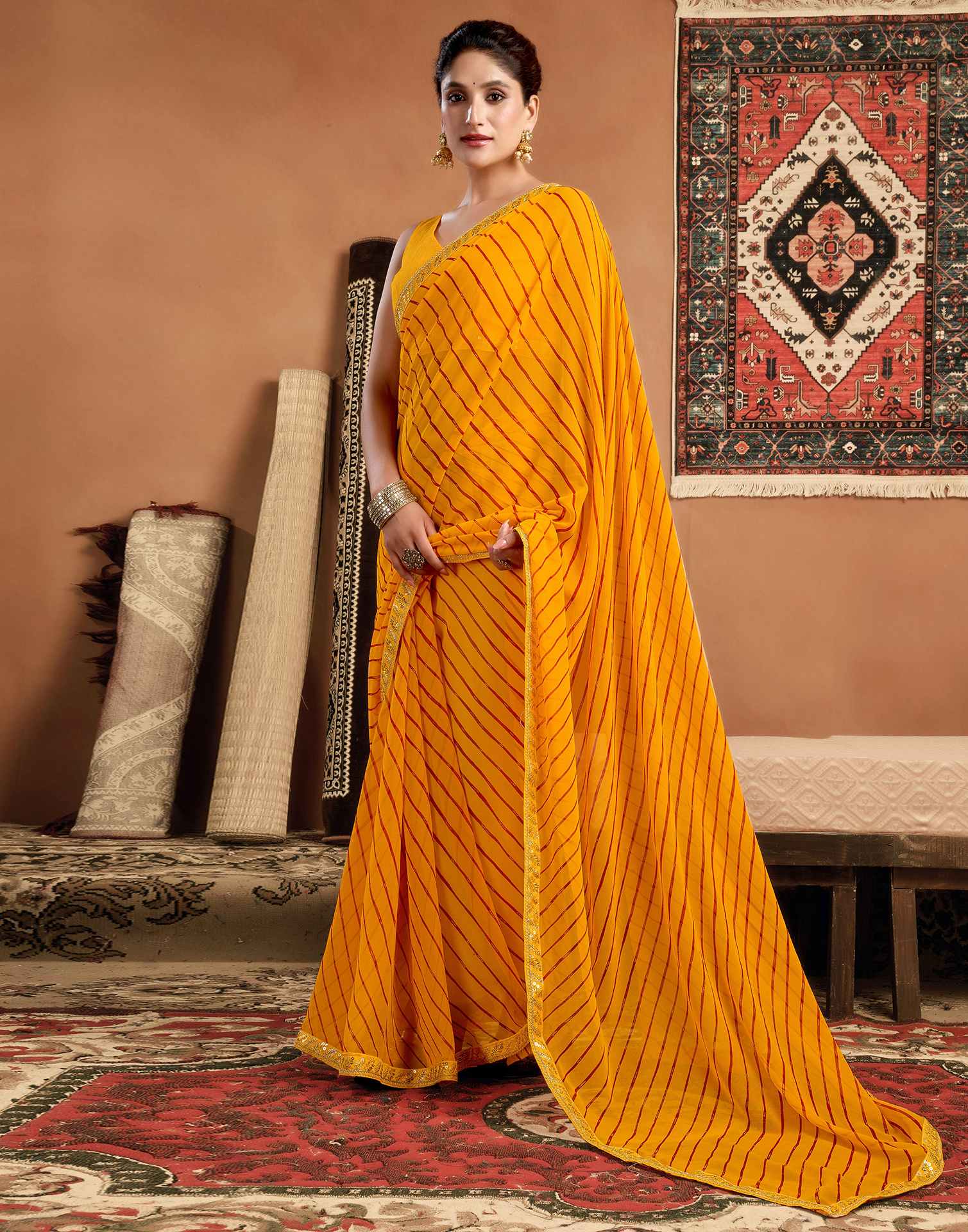Yellow Georgette Leheriya Printed Saree