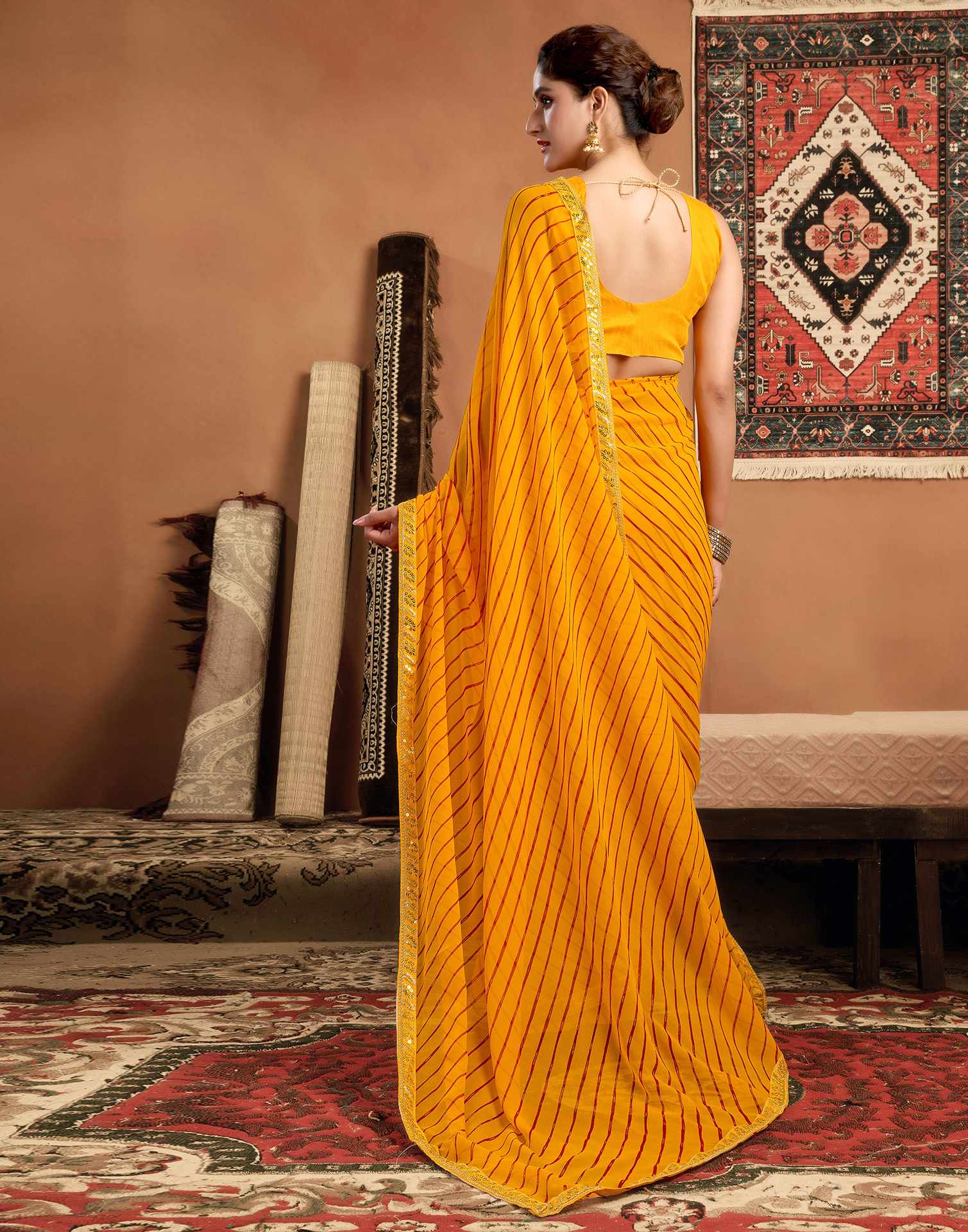 Yellow Georgette Leheriya Printed Saree