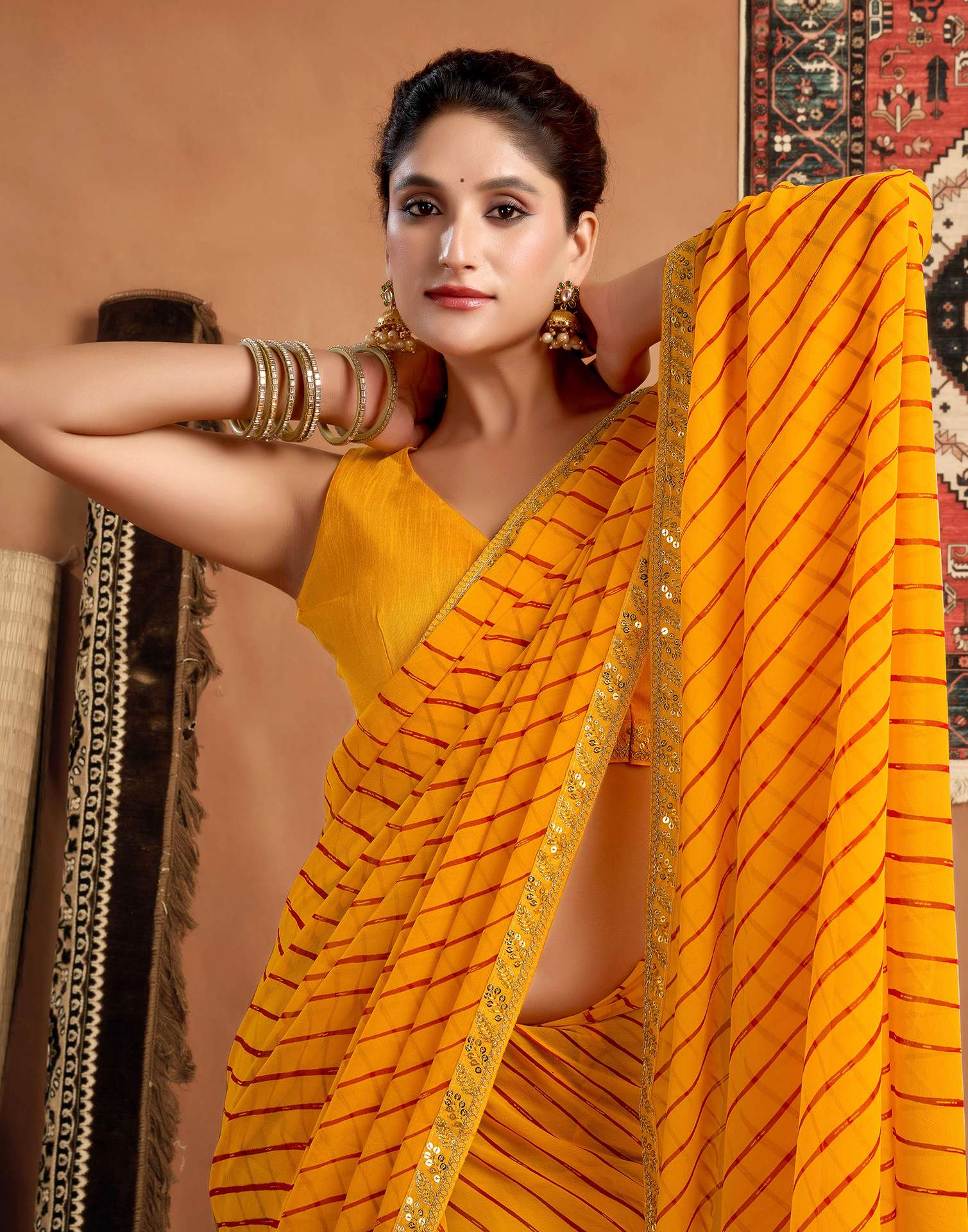 Yellow Georgette Leheriya Printed Saree