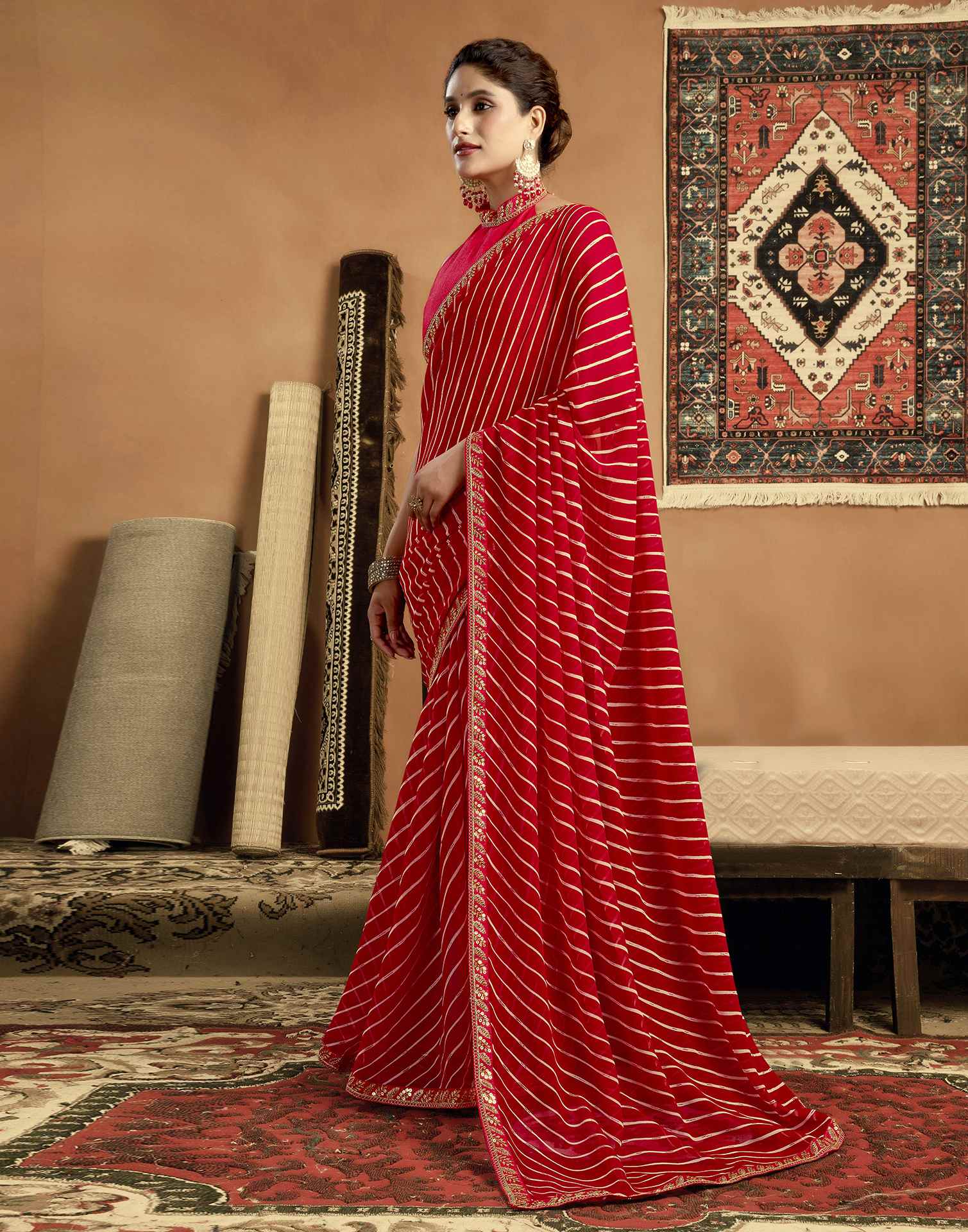 Red Georgette Laheriya Printed Saree