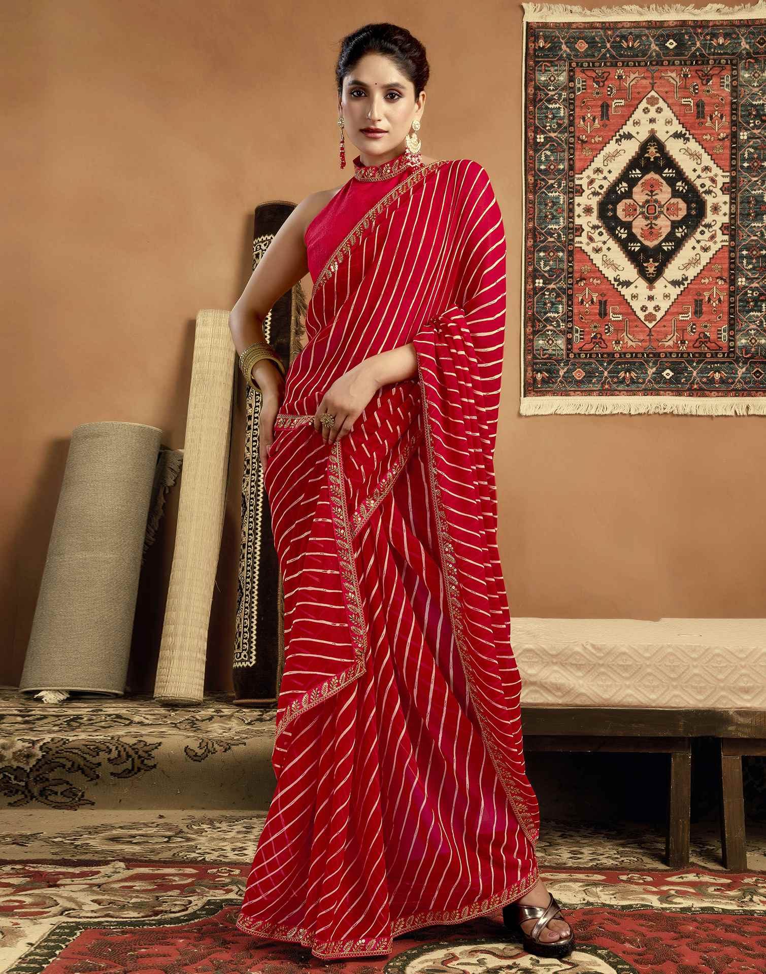 Red Georgette Laheriya Printed Saree