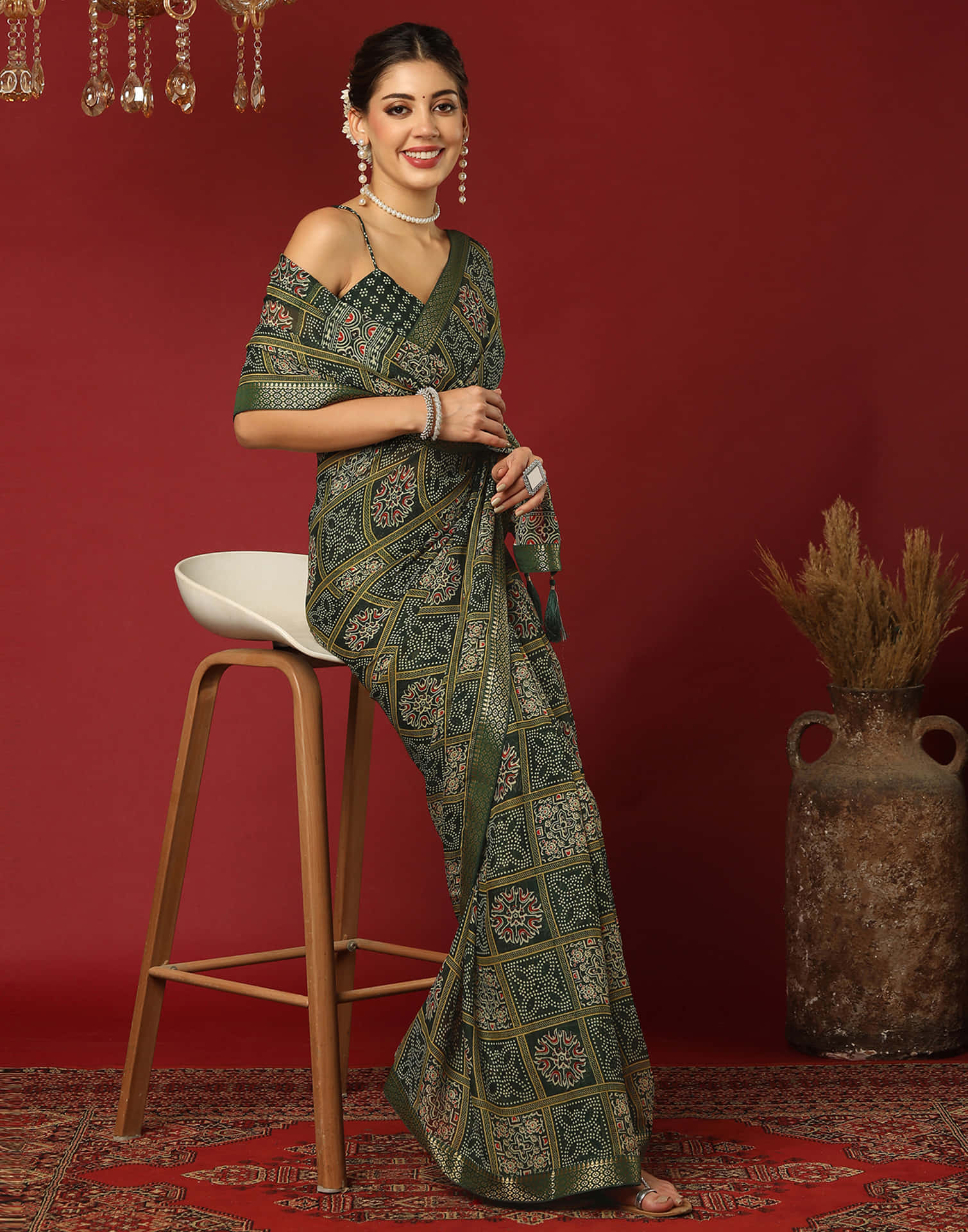 Dark Green Georgette Printed Bandhani Saree