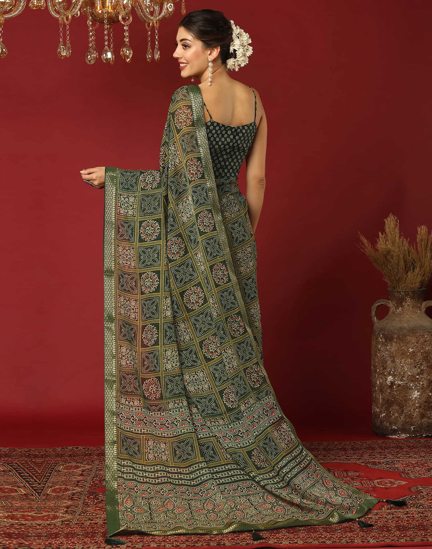 Dark Green Georgette Printed Bandhani Saree