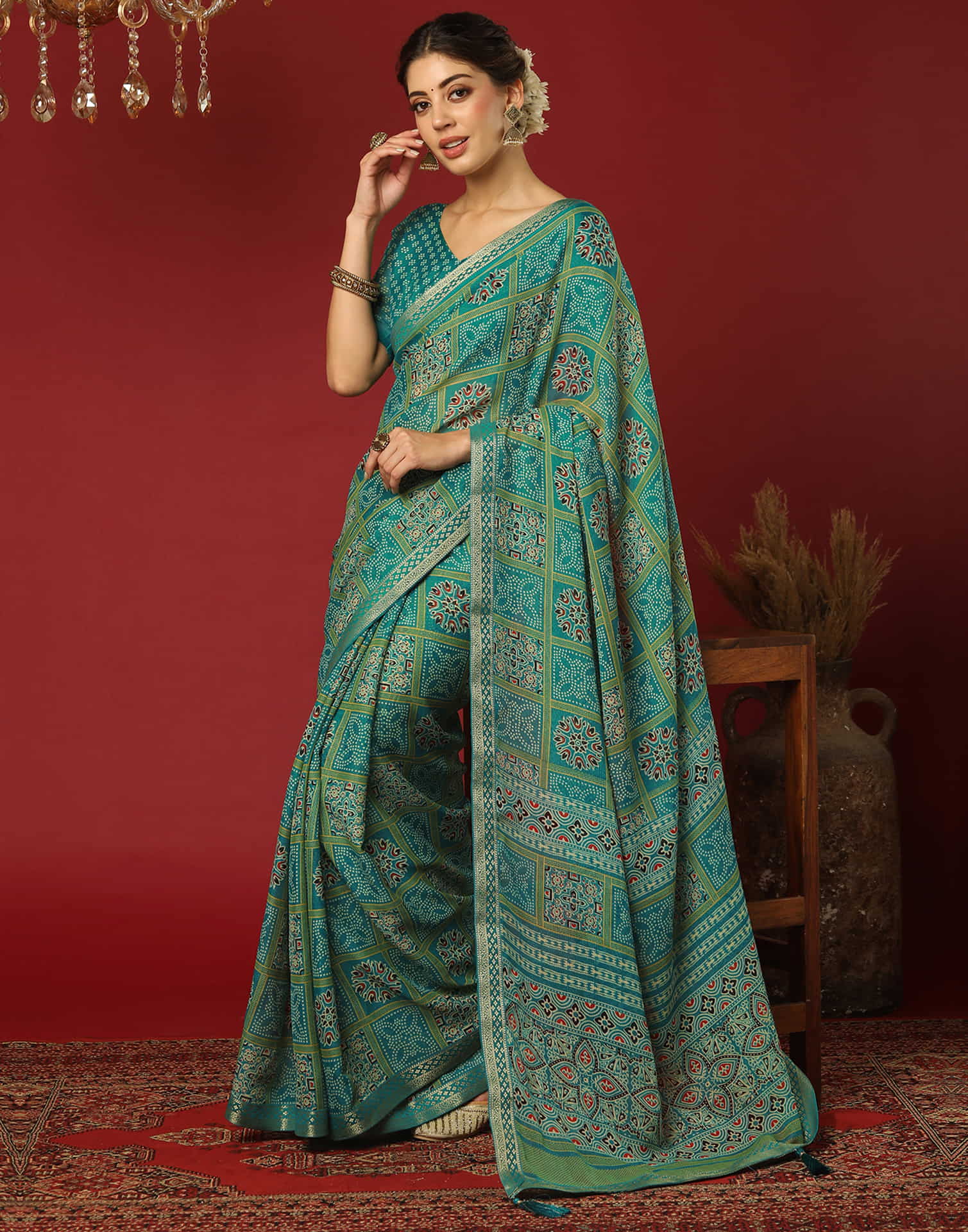 Teal Green Georgette Printed Bandhani Saree
