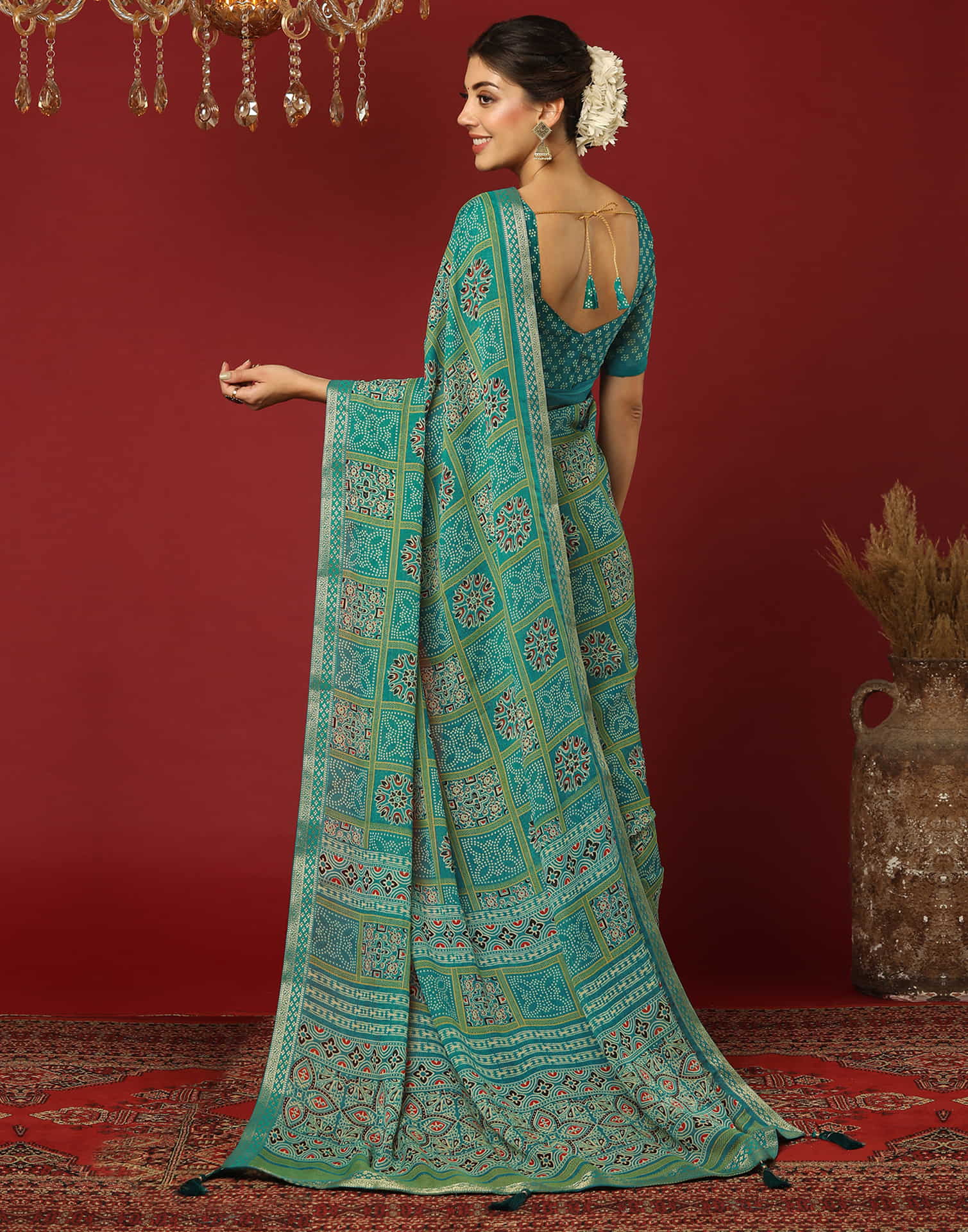 Teal Green Georgette Printed Bandhani Saree