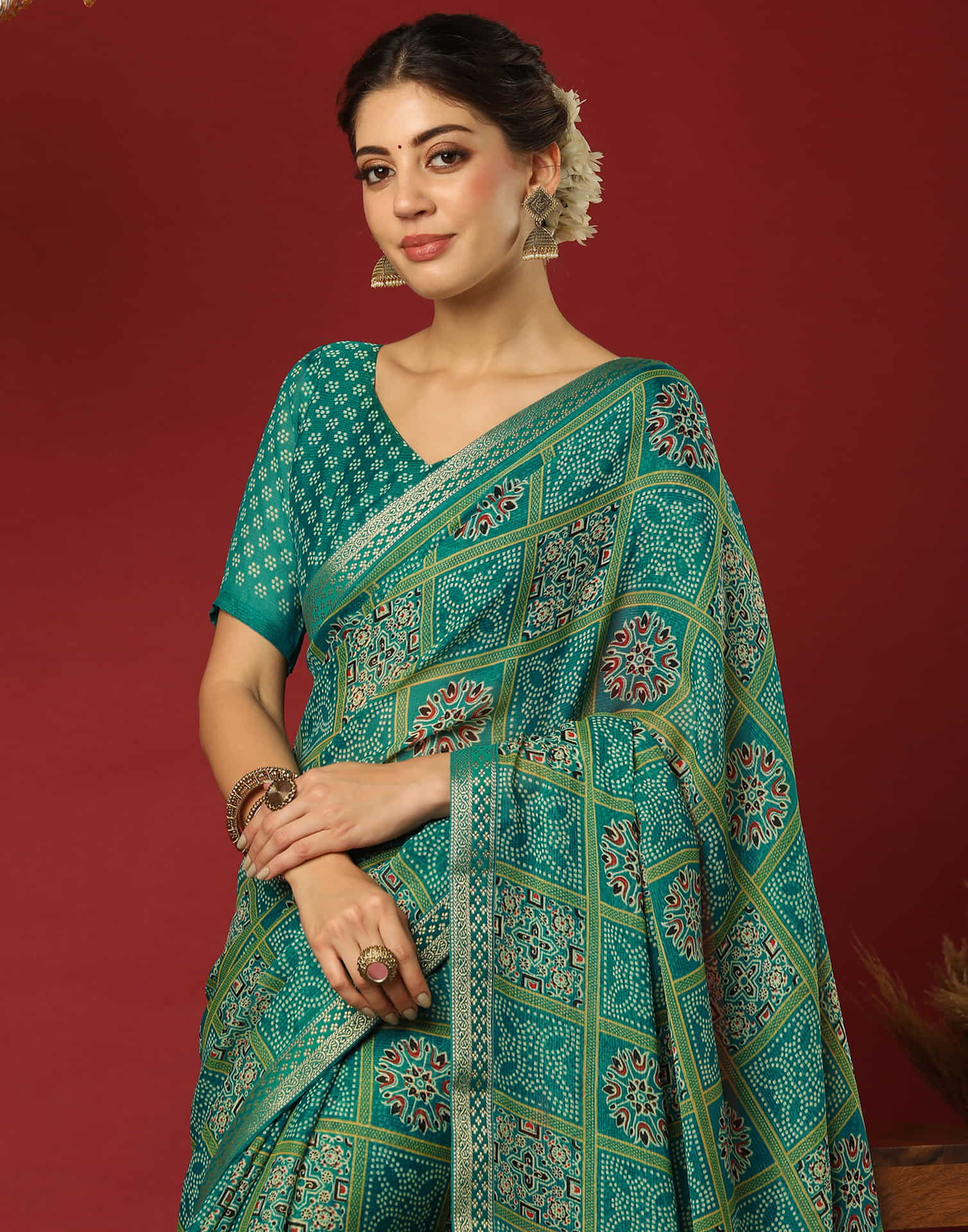 Teal Green Georgette Printed Bandhani Saree