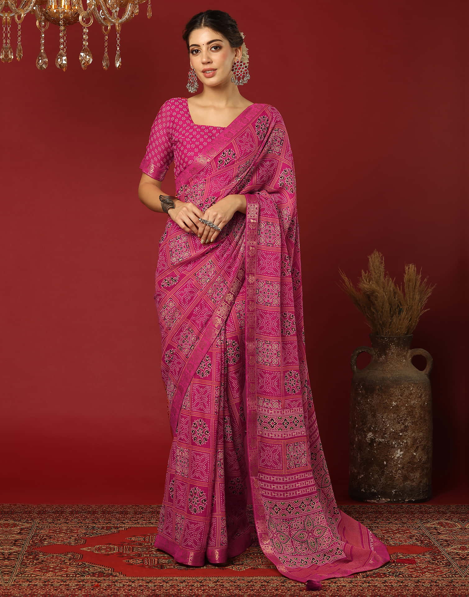 Rani Pink Georgette Printed Bandhani Saree