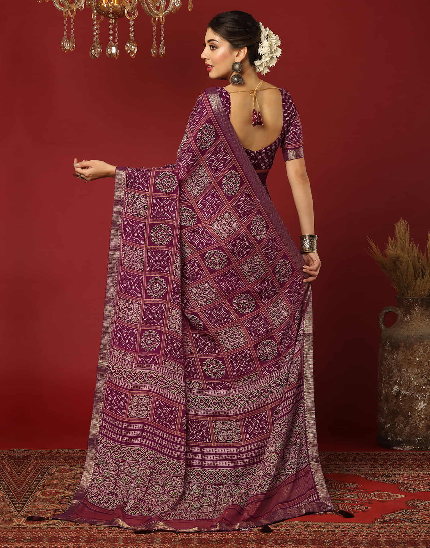 Wine Georgette Printed Bandhani Saree