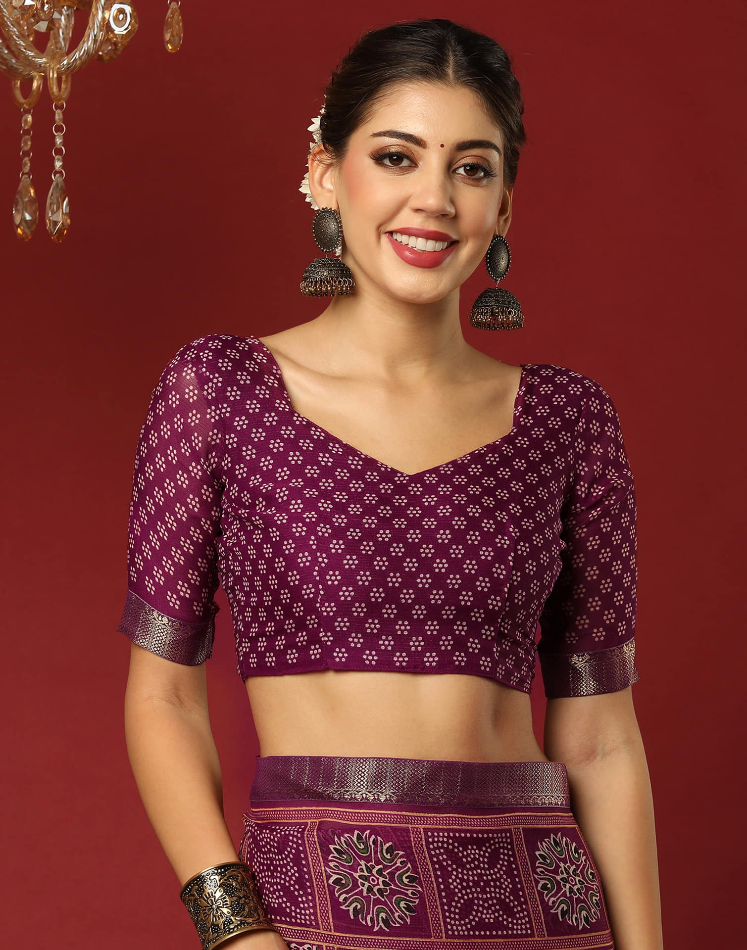 Wine Georgette Printed Bandhani Saree
