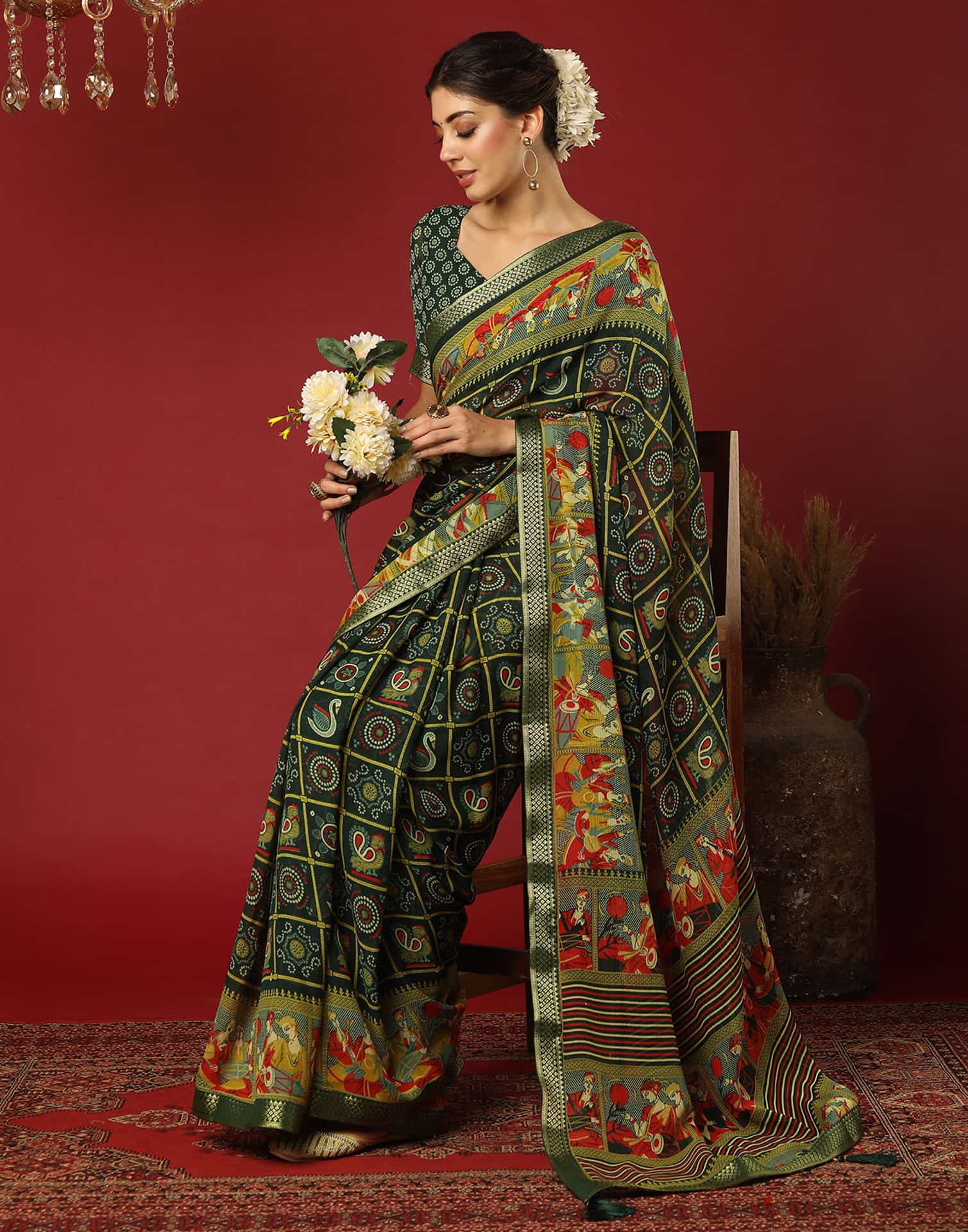 Dark Green Georgette Printed Bandhani Saree