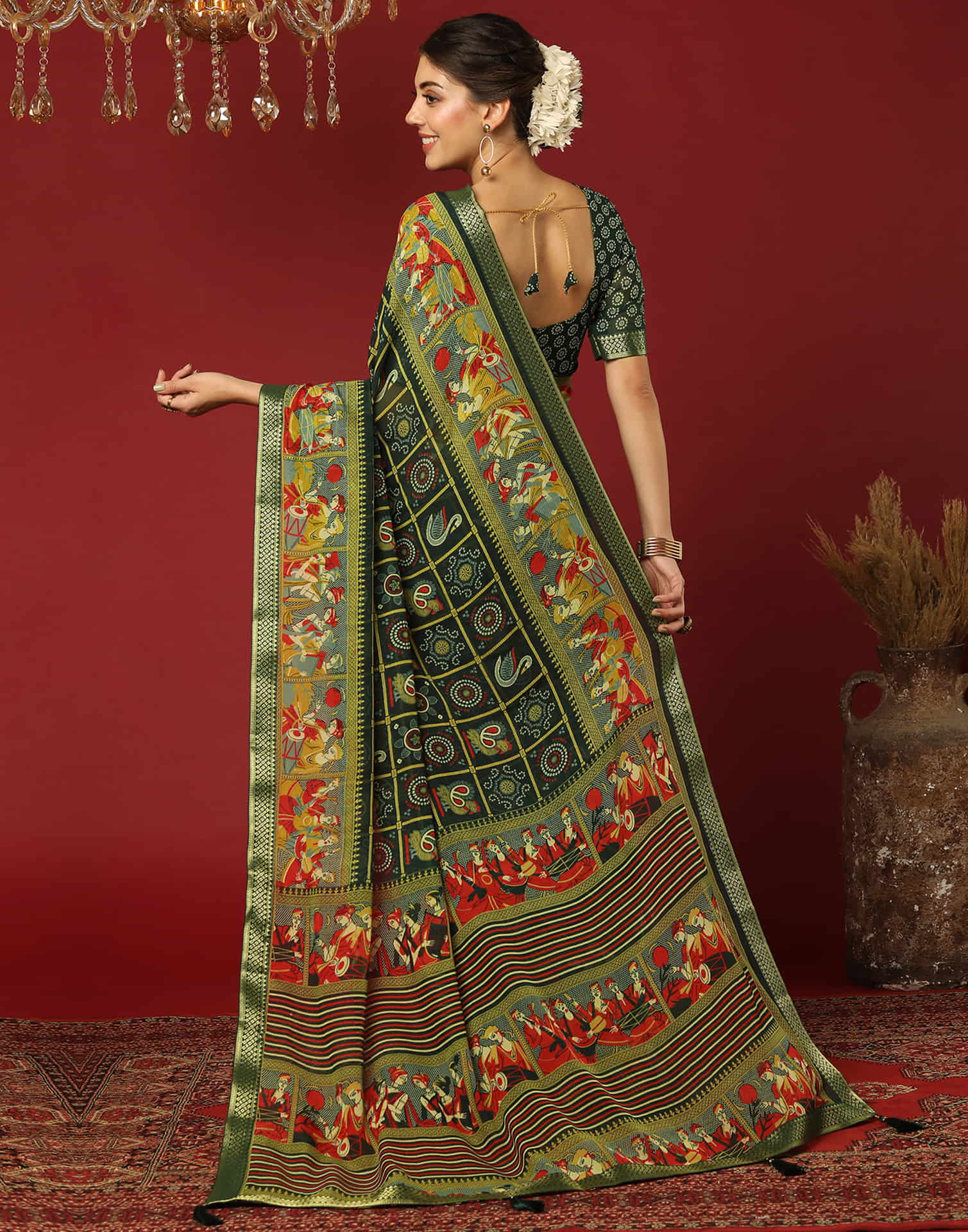 Dark Green Georgette Printed Bandhani Saree