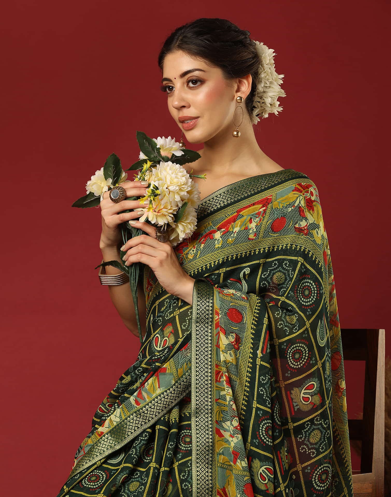 Dark Green Georgette Printed Bandhani Saree
