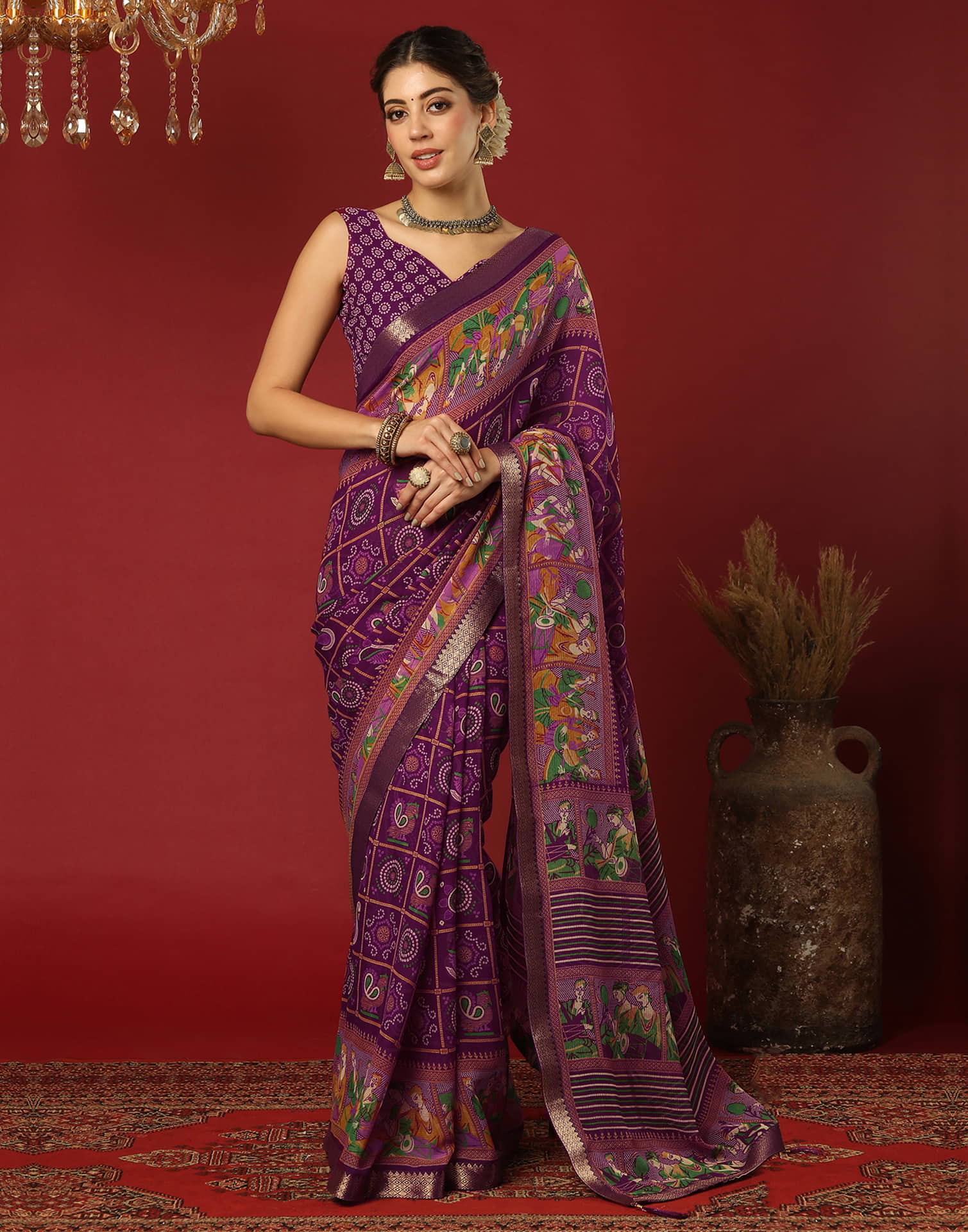 Wine Georgette Printed Bandhani Saree