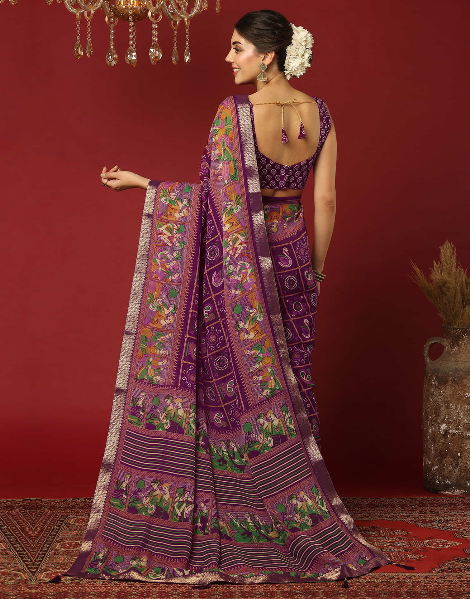 Wine Georgette Printed Bandhani Saree