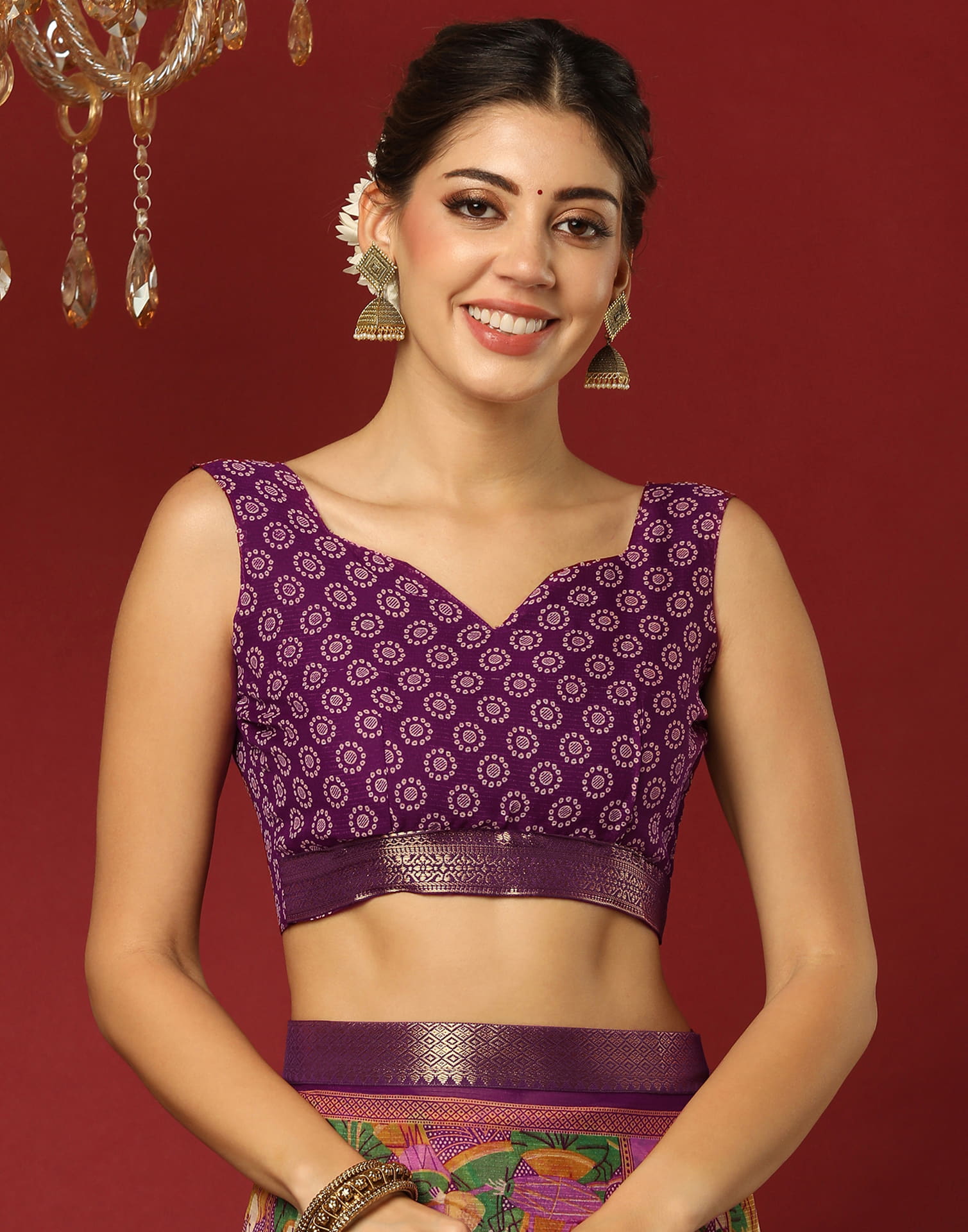 Wine Georgette Printed Bandhani Saree