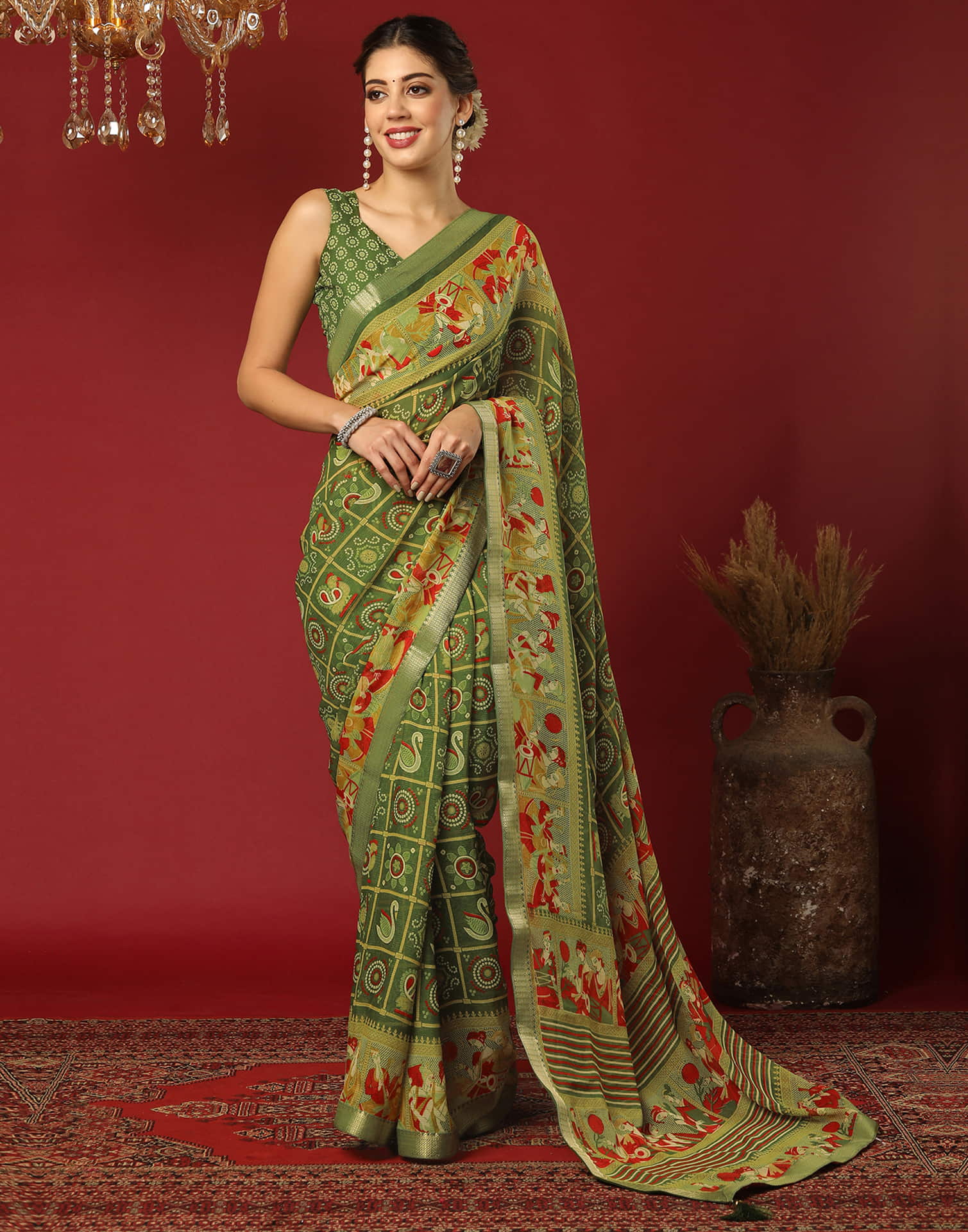 Olive Green Georgette Printed Bandhani Saree