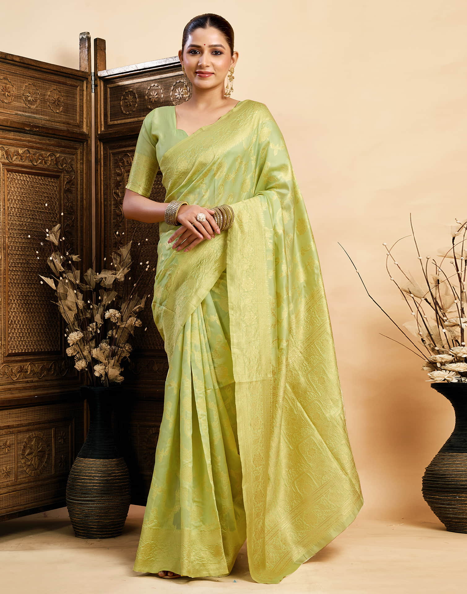 Light Pista Green Silk Woven Banarasi Saree