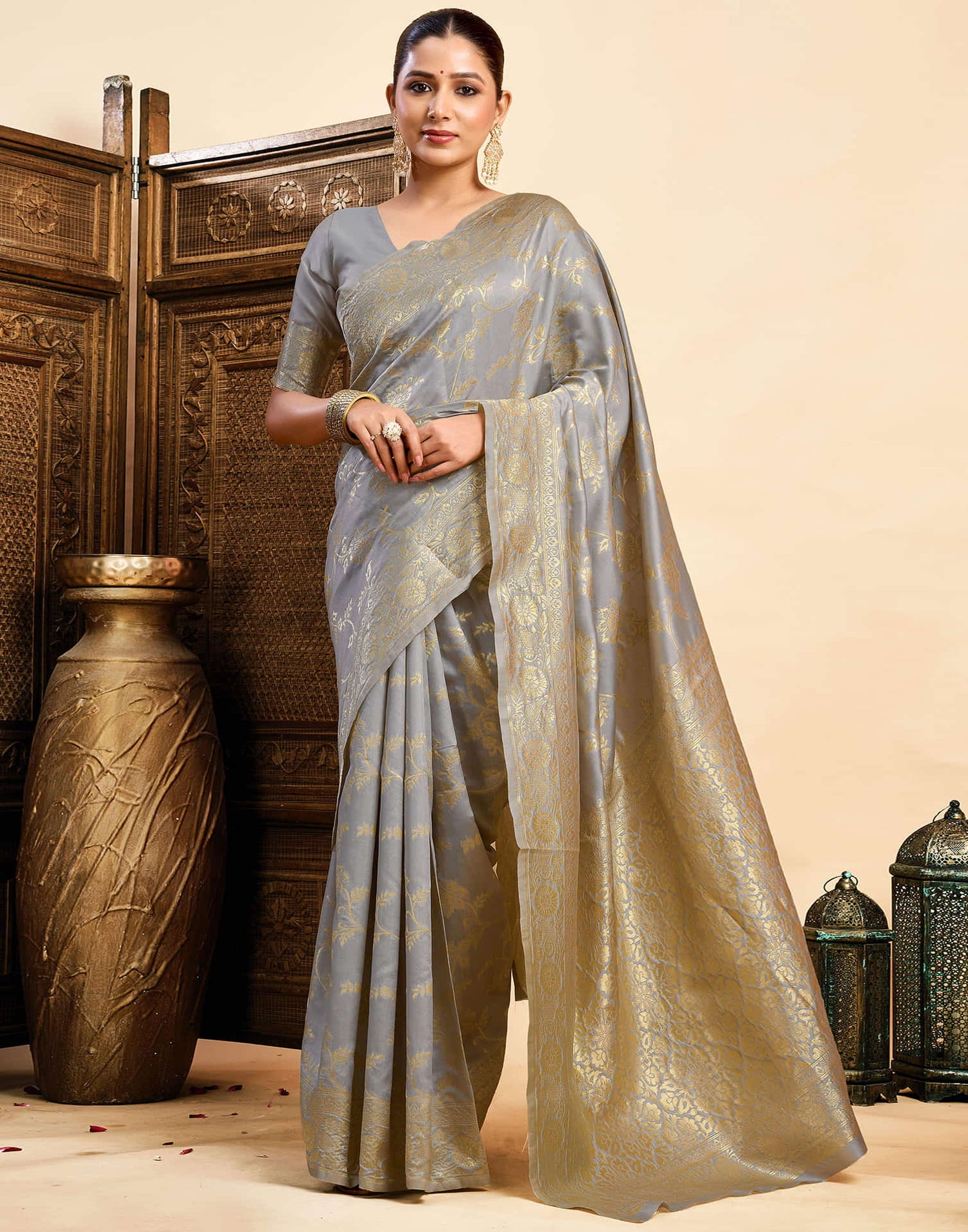 Grey Silk Woven Banarasi Saree