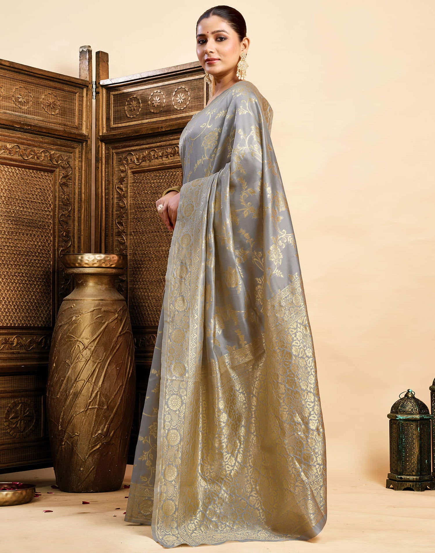 Grey Silk Woven Banarasi Saree