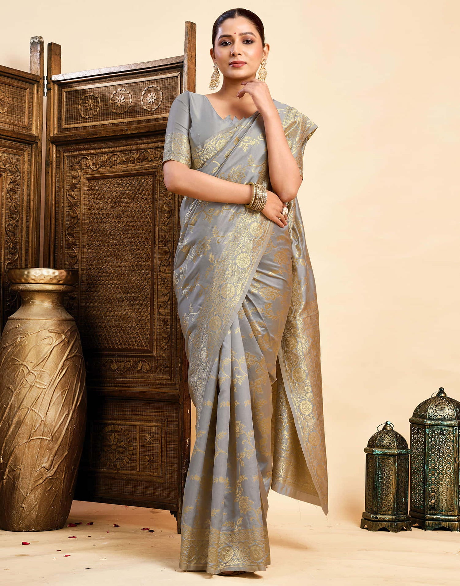 Grey Silk Woven Banarasi Saree