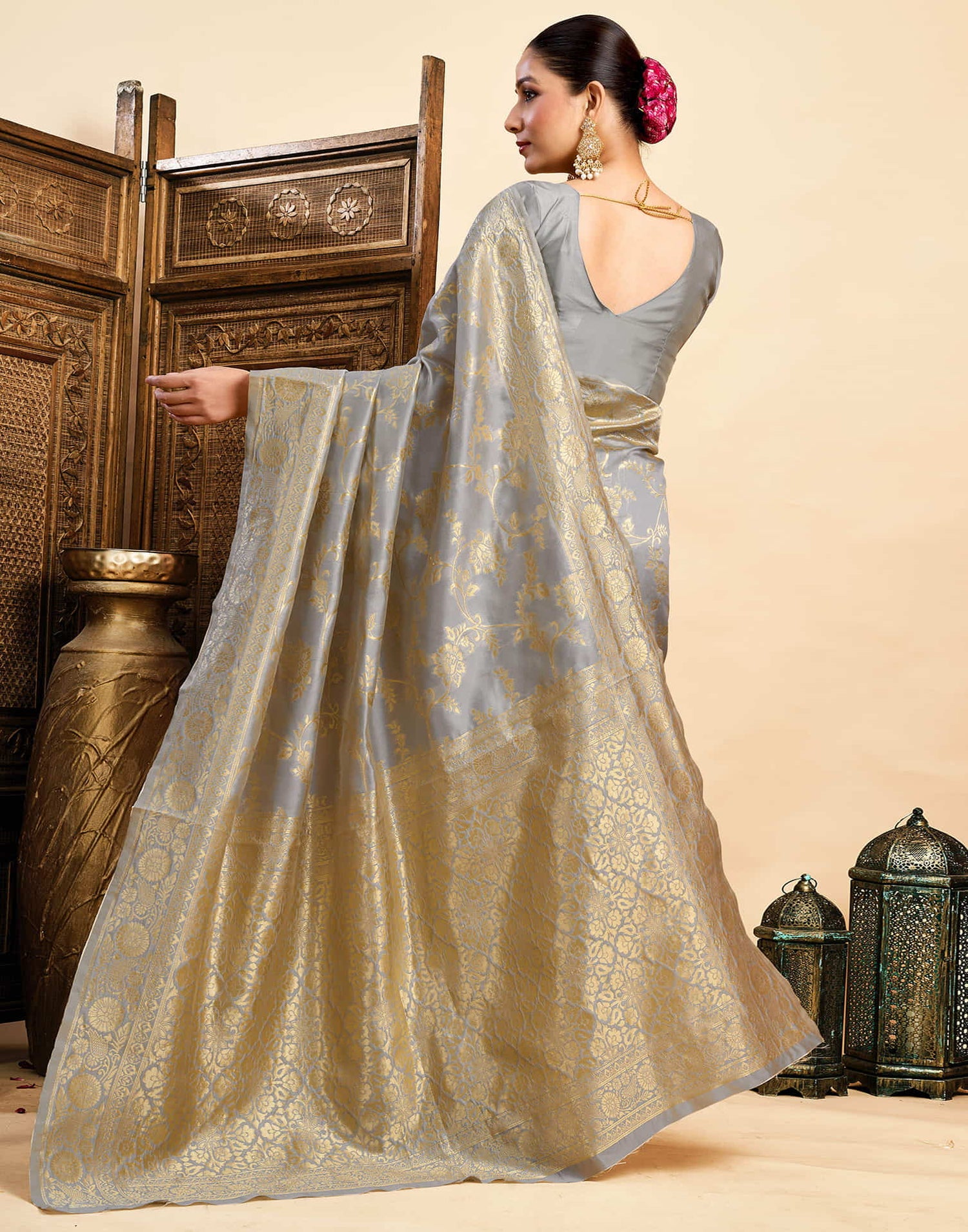 Grey Silk Woven Banarasi Saree