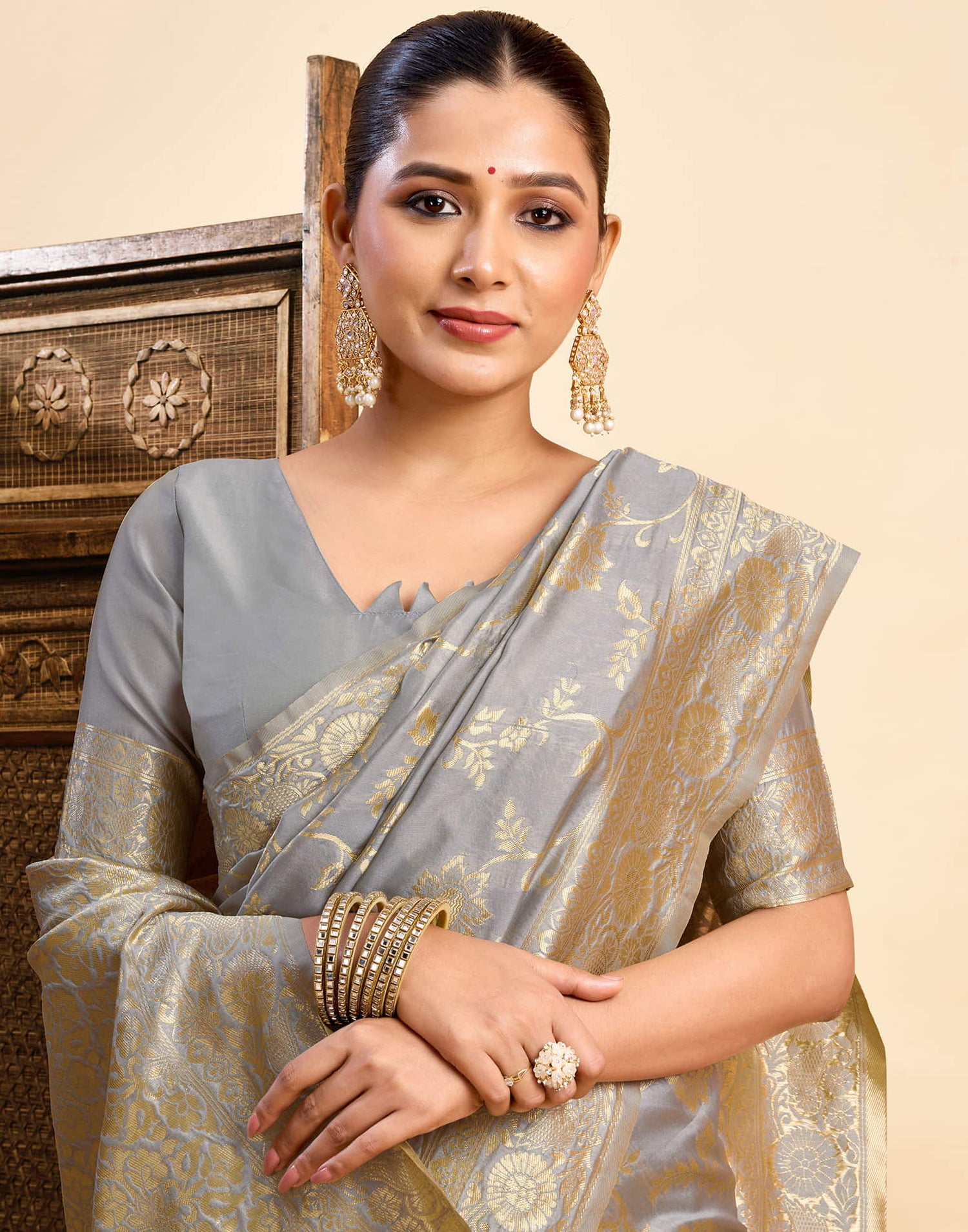 Grey Silk Woven Banarasi Saree
